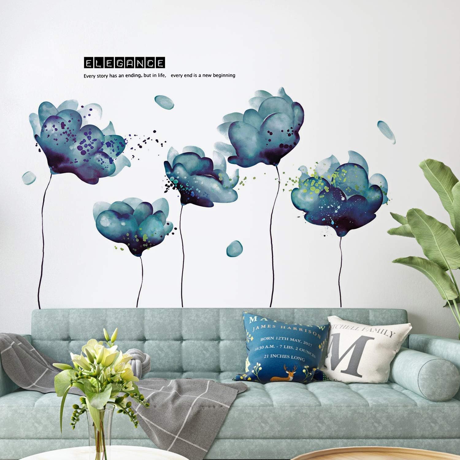 Amaonm 3D Light Blue Dream Flower Wall Sticker for Girls and Kids Rooms