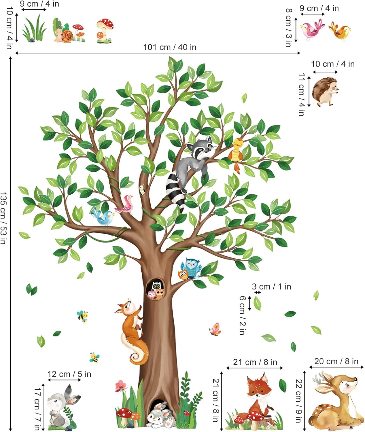 Decalmile Woodland Animals Tree Wall Stickers Bear Fox Deer Wall Decor for Kids Bedroom
