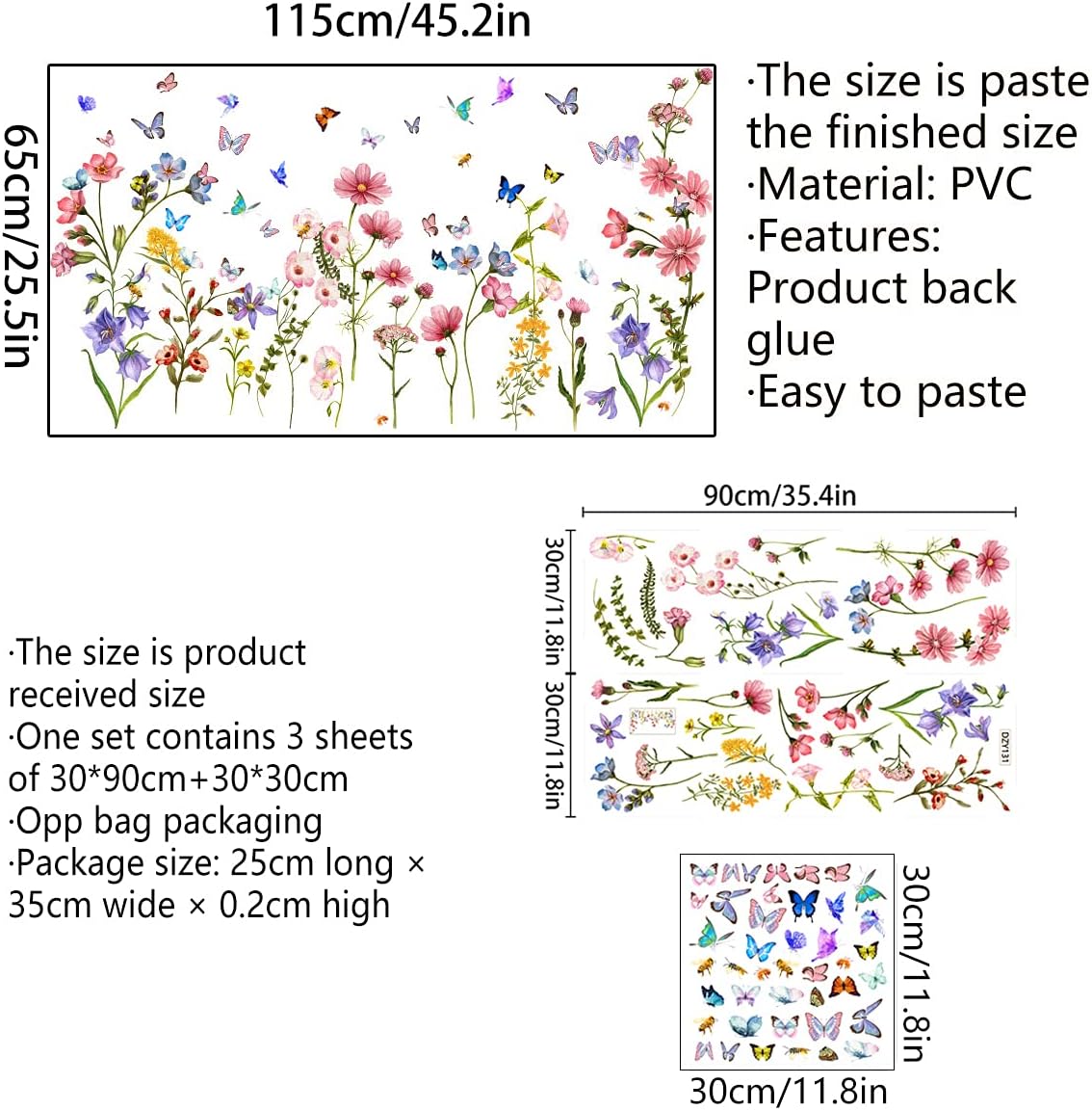 Colorful Flower Wall Stickers with Butterfly and Bee 88 Pcs Removable Decor