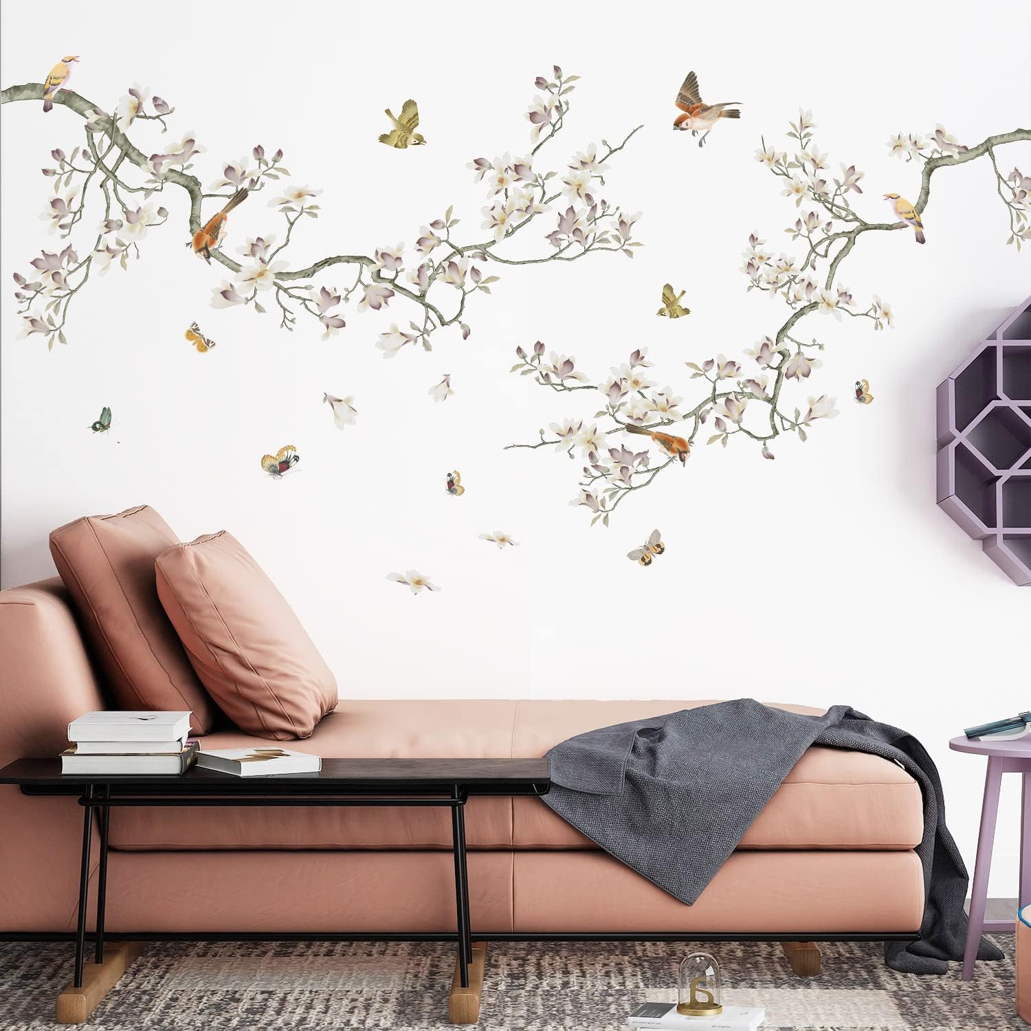 Green Leaf Branch Wall Decals with White Flowers and Butterflies for Kids Bedroom and Nursery Decoration