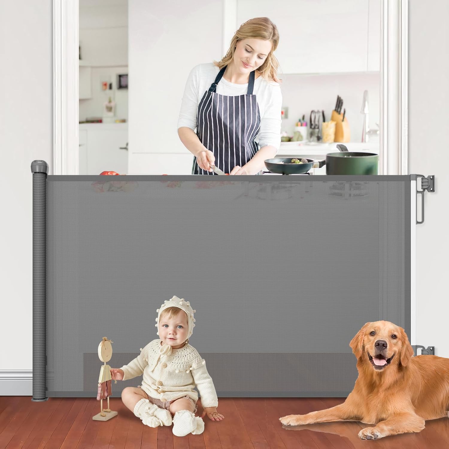 Retractable Baby Gate for Doorways and Stairs Grey