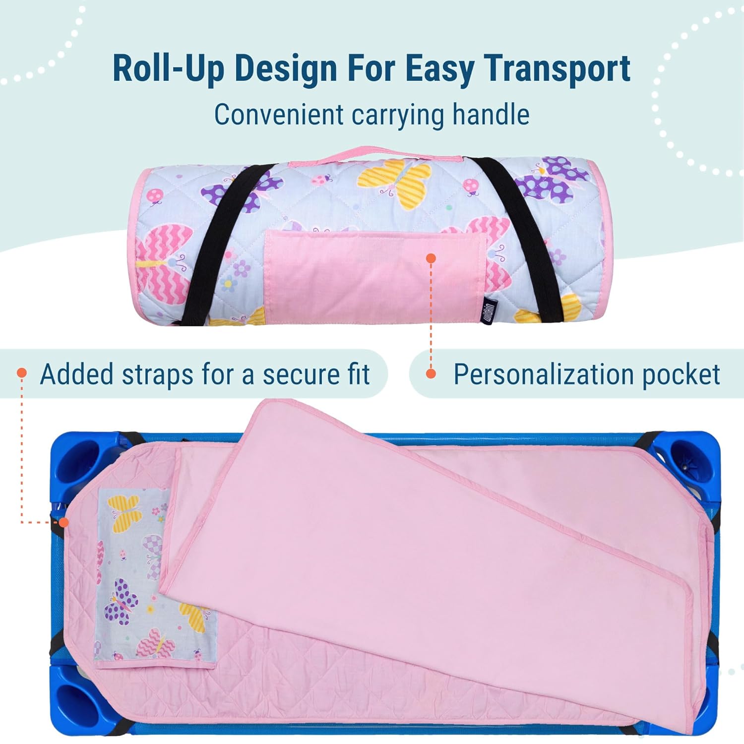 Wildkin Modern Kids Nap Mat with Pillow and Elastic Straps - Butterfly Garden
