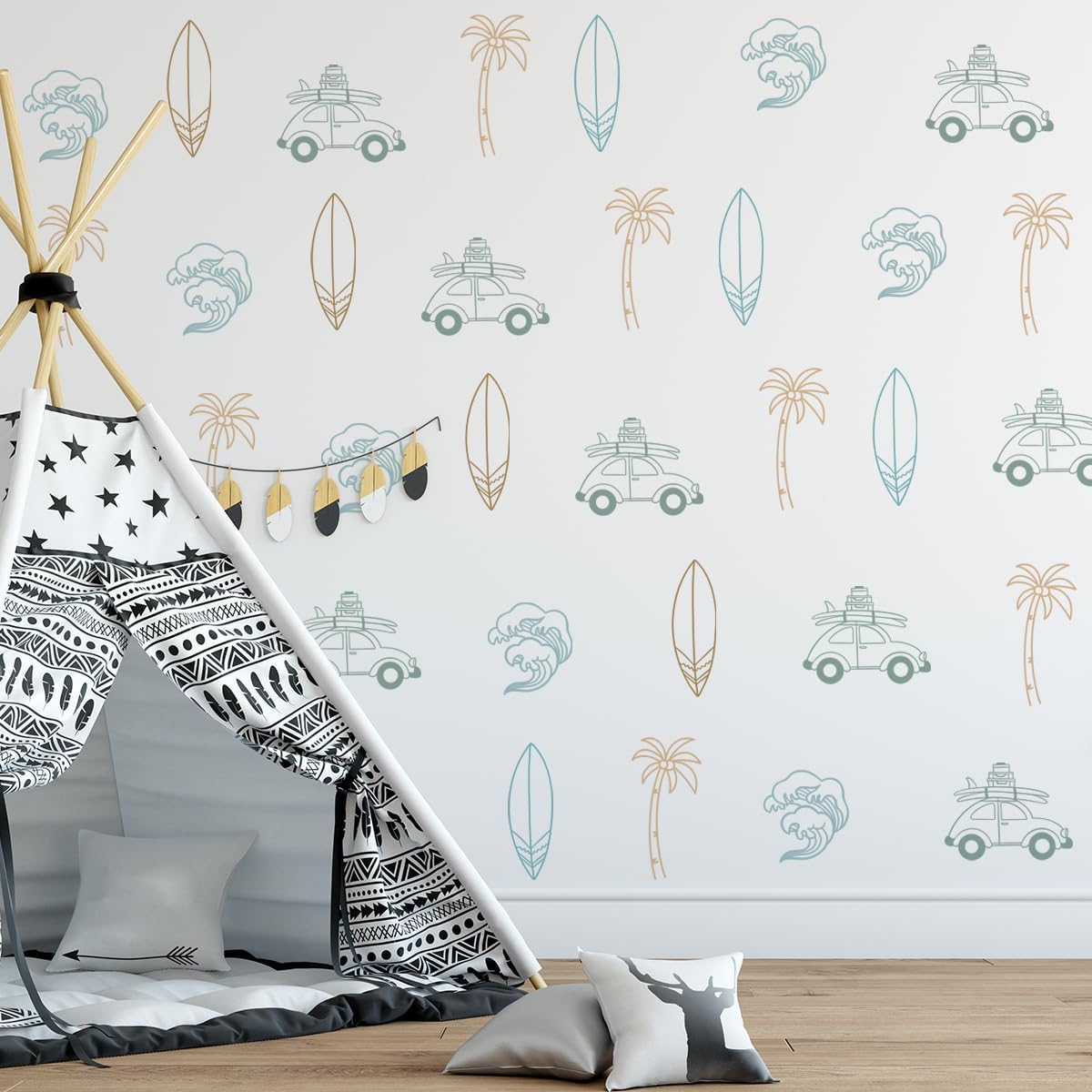 Retro Surfer Wall Sticker with Ocean Waves and Palm Trees
