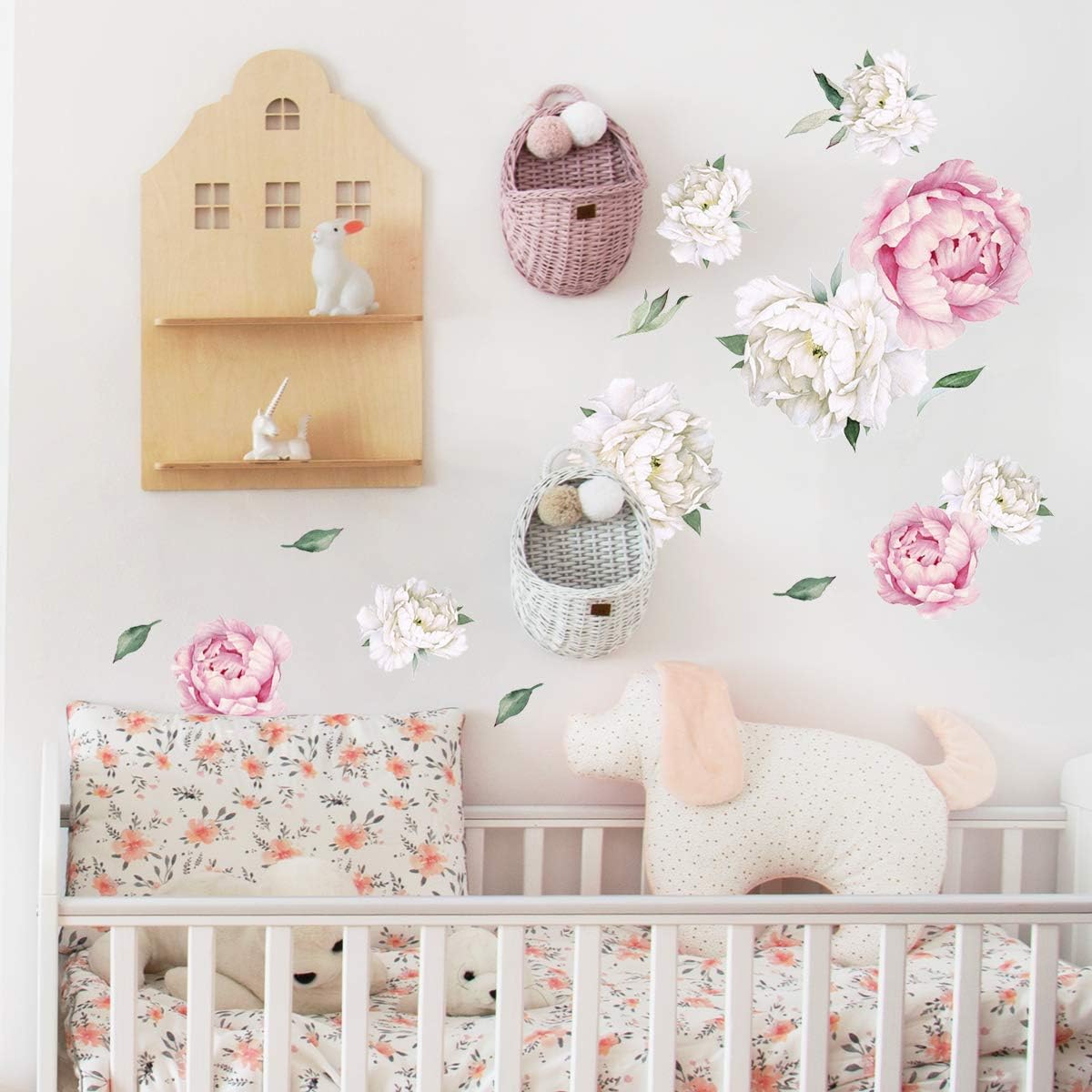 Peony Watercolor Wall Decals Pink and White Spring Decor