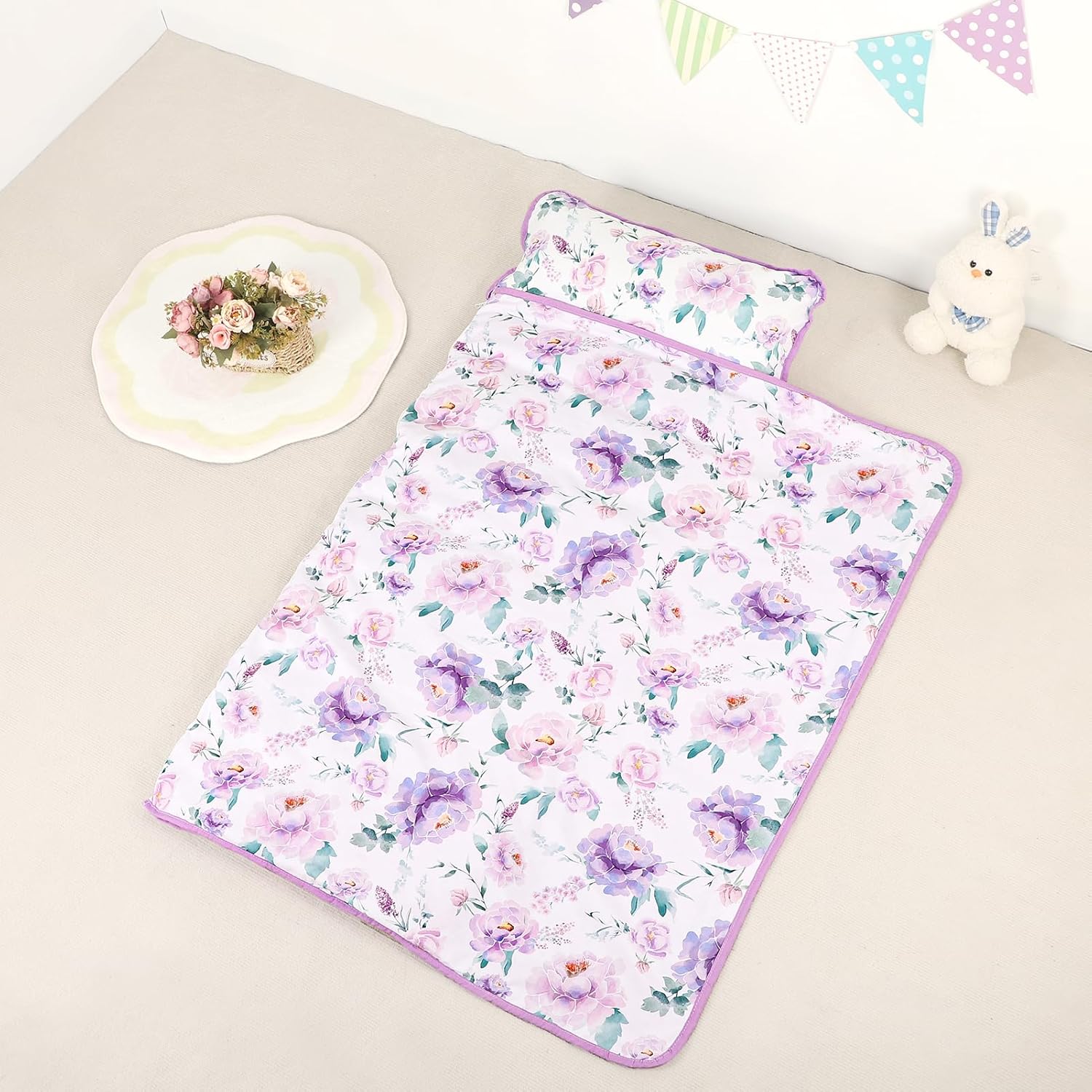 Toddler Nap Mat with Pillow and Minky Blanket Purple