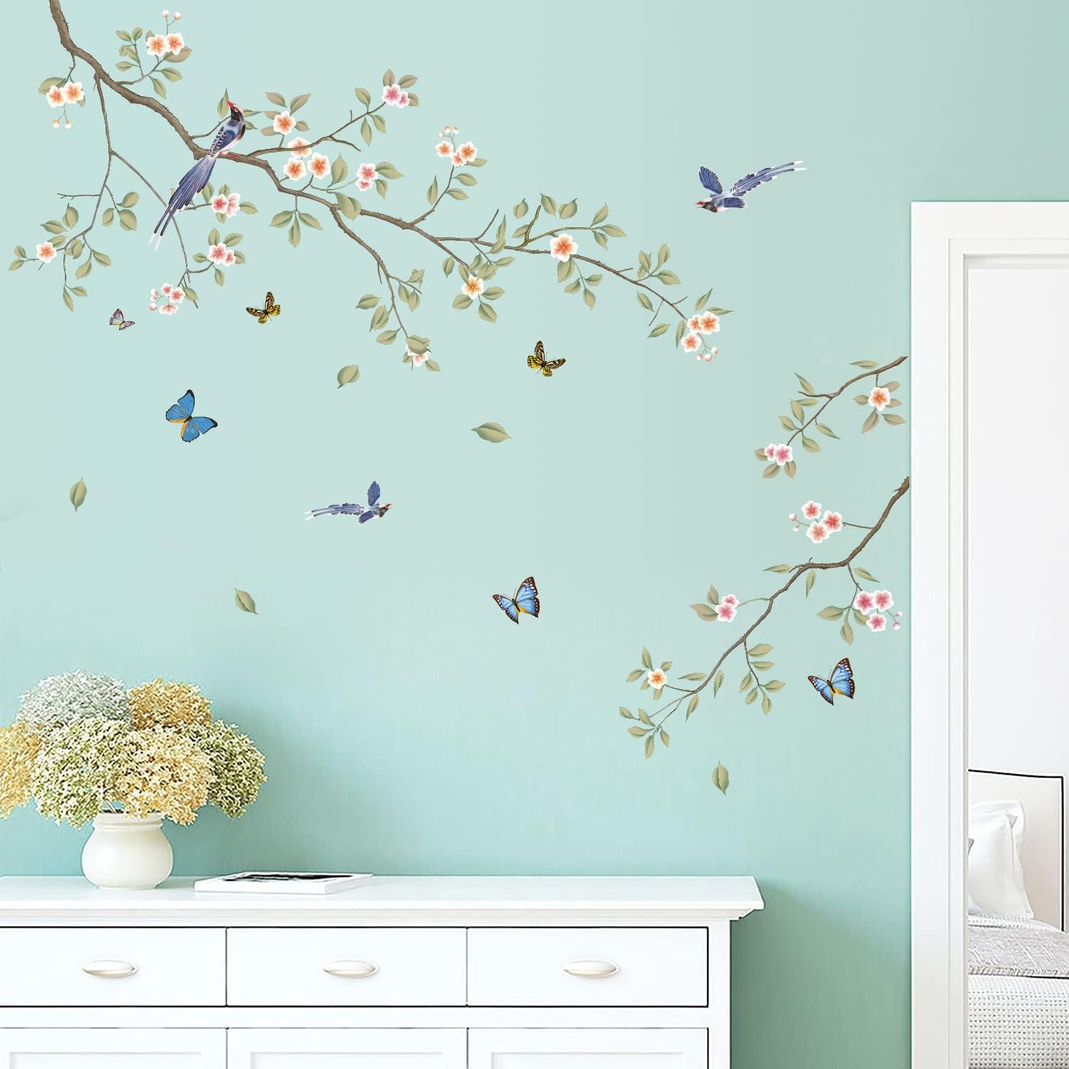 Green Leaf Branch Wall Decals with White Flowers and Butterflies