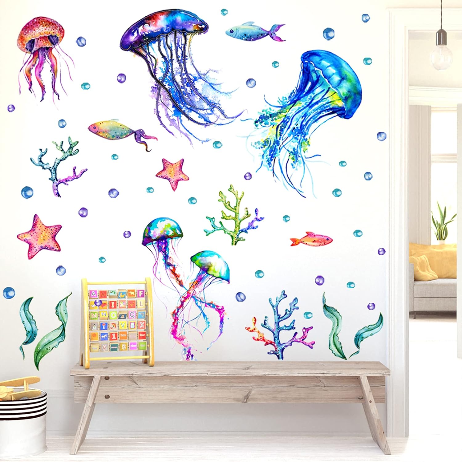 Ocean Jellyfish Wall Decal Vibrant Seaweed Starfish DIY Decor for Kids Room