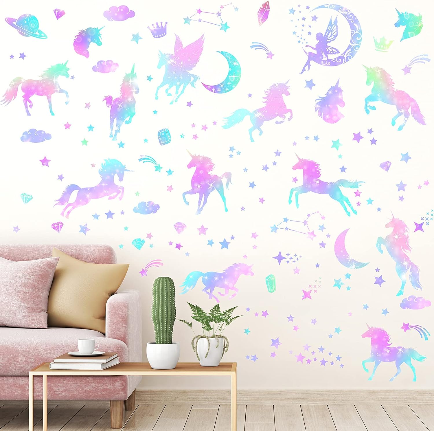 4 Sheets Unicorn Peel and Stick Wall Decal for Bedroom Playroom Living Room Decor