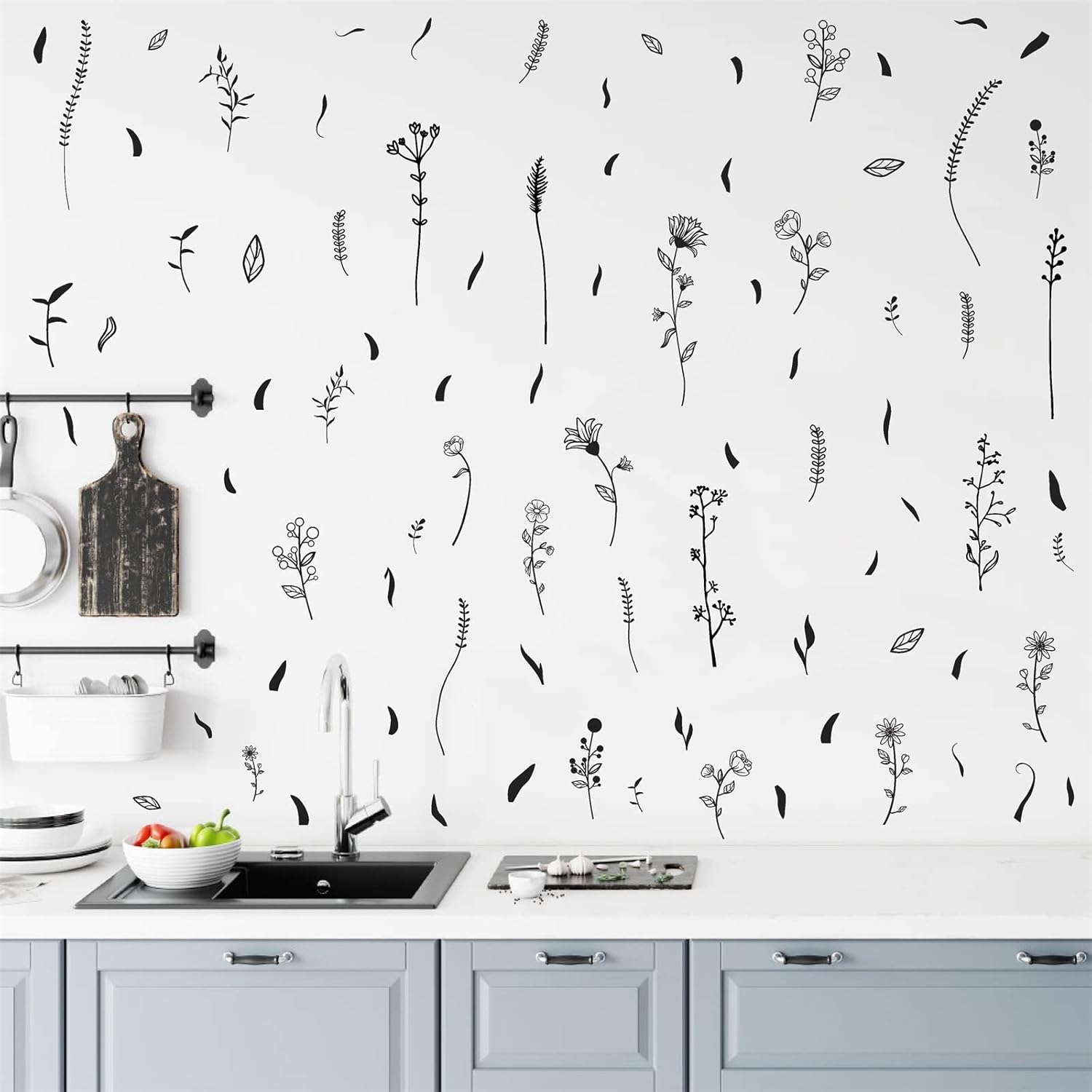 Kazova Black Wildflower Wall Stickers for Kids Room Bedroom Decor