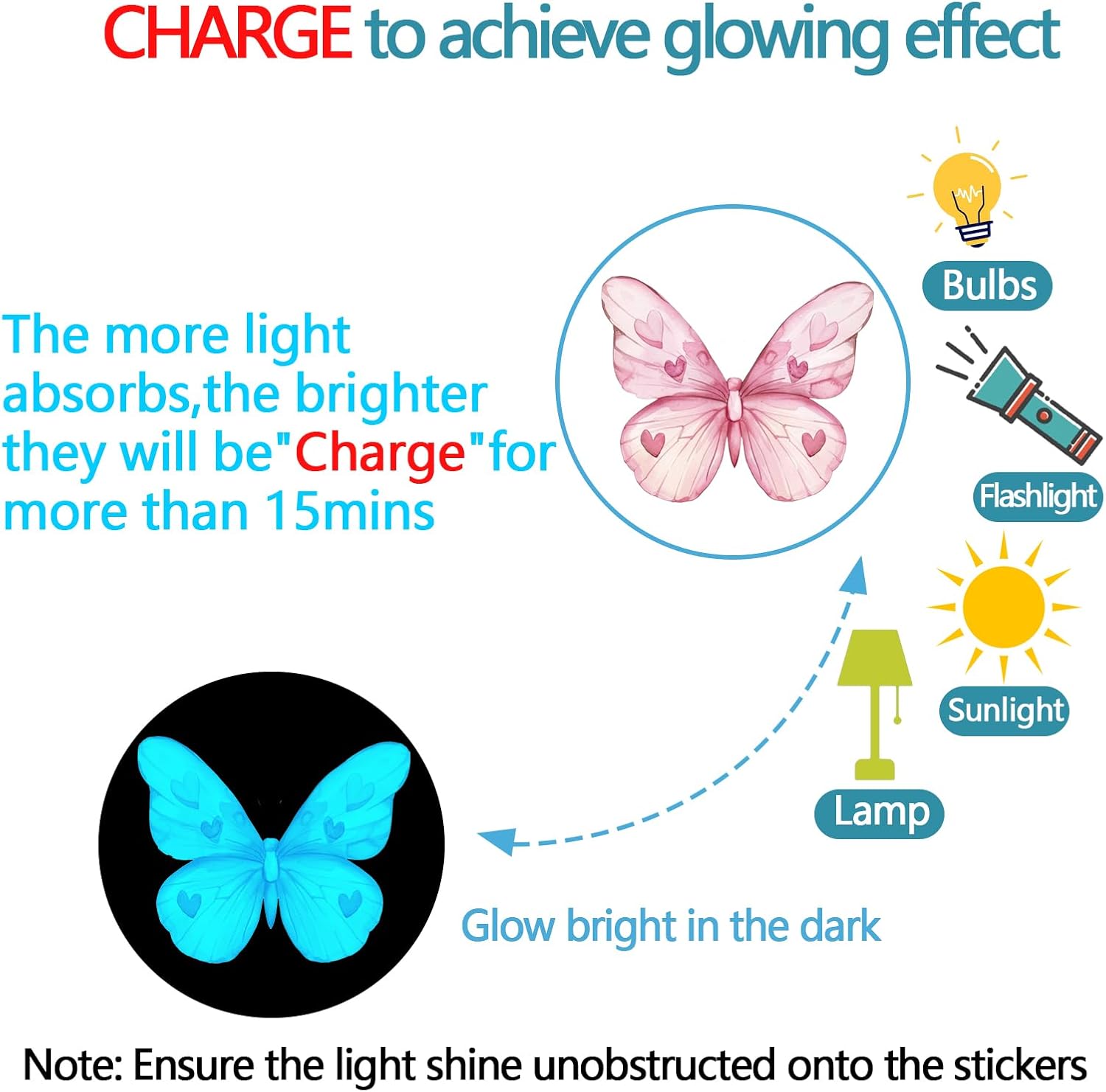Glow in The Dark Pink Butterfly Wall Decals