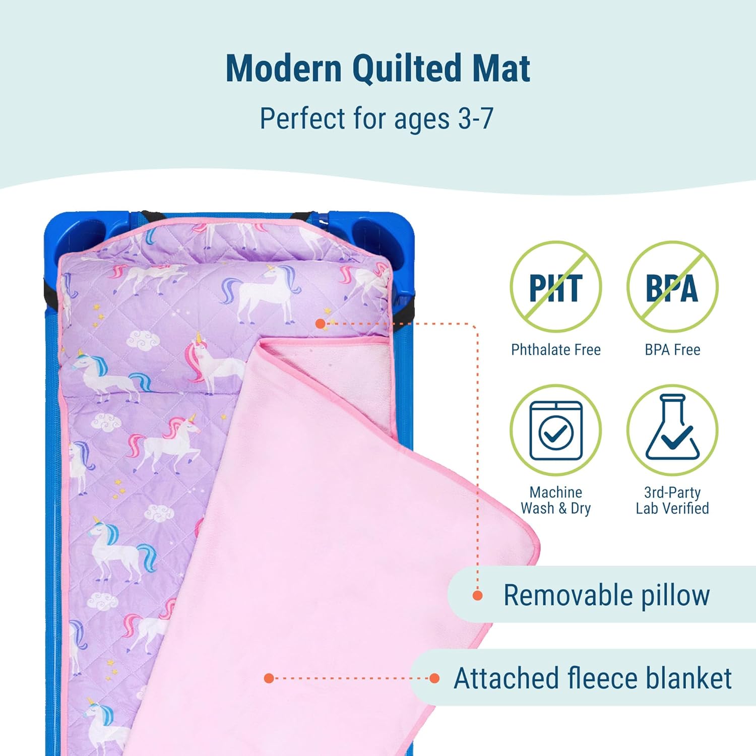 Wildkin Quilted Kids Nap Mat with Pillow and Elastic Straps