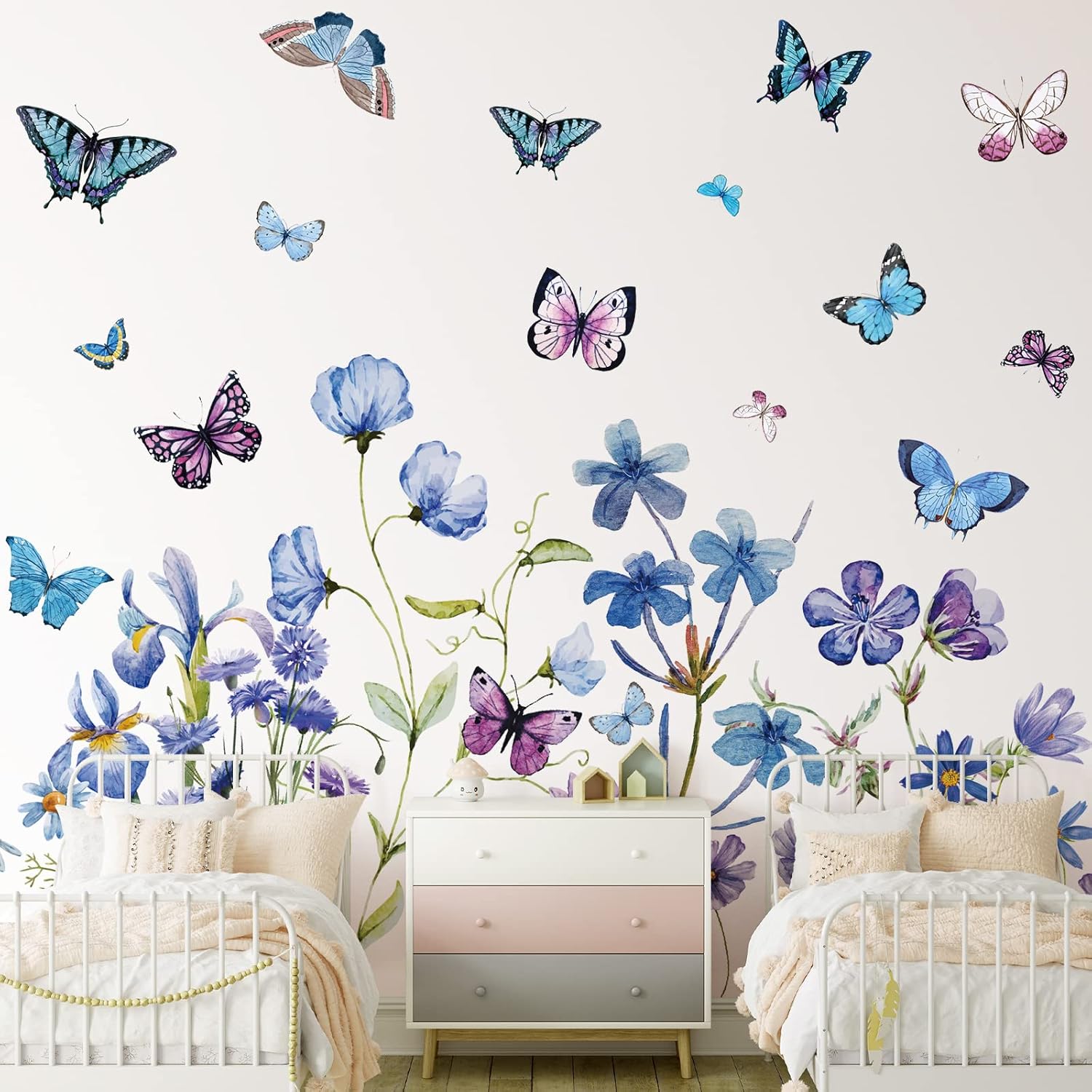 2 Sheets Blue Flower Wall Decals for Girls Bedroom Decor