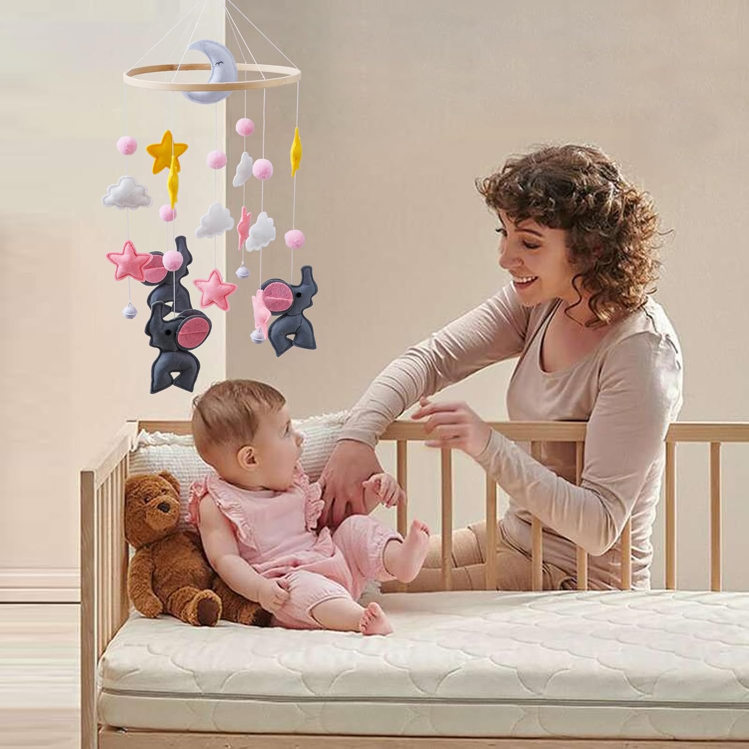 Baby Crib Mobile with Elephant Animal and Star Design