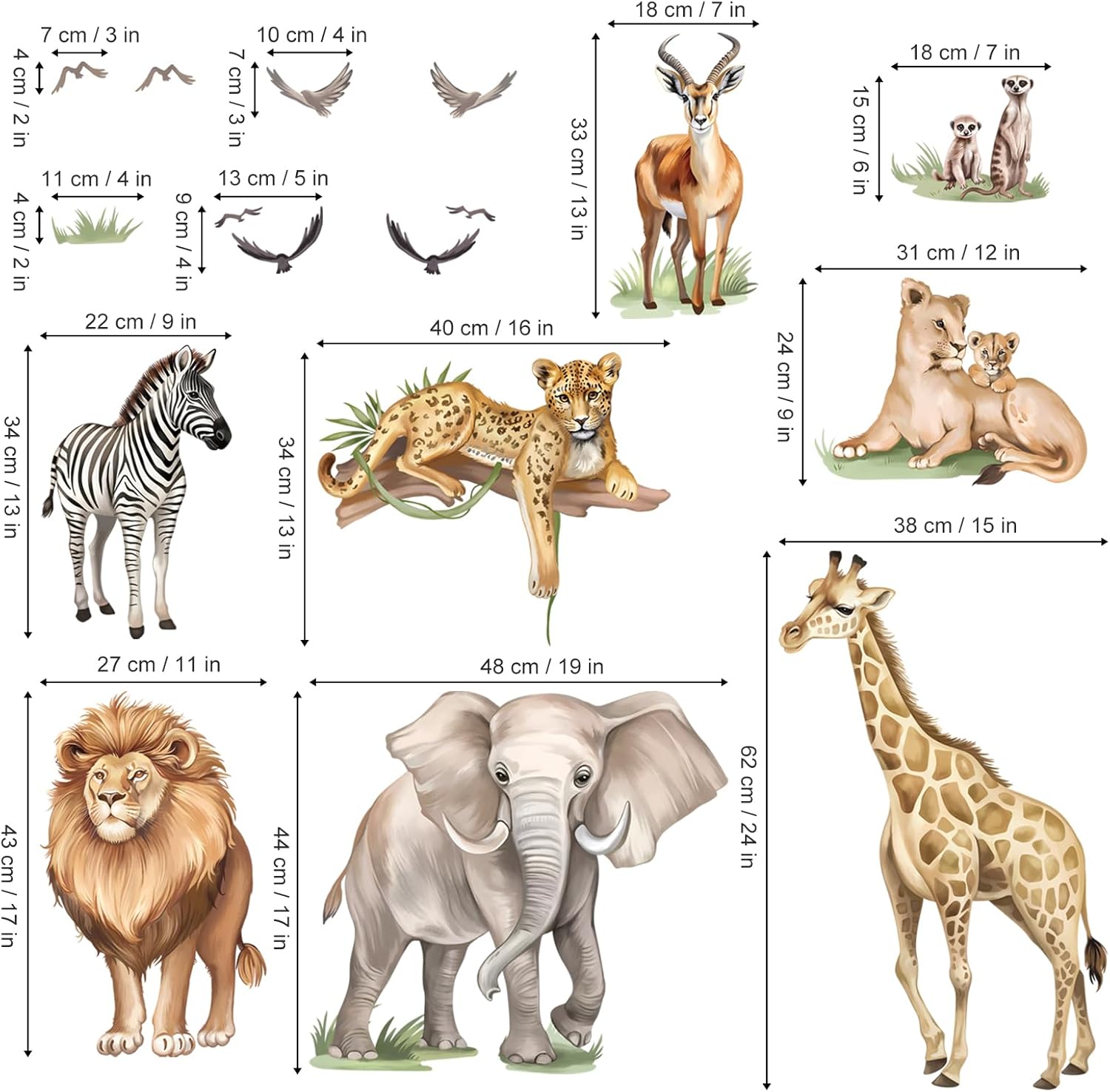 Wondever Safari Animals Wall Stickers Jungle Lion Leopard Giraffe Peel and Stick Art Decals for Kids Room