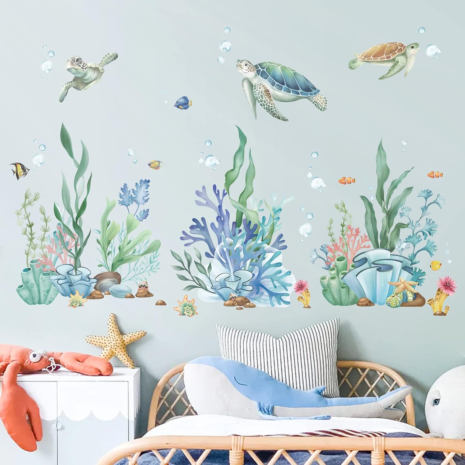 Wondever Ocean Seaweed Grass Wall Stickers Turtle Under Sea Peel and Stick Art Decals for Baby Nursery Kids Room