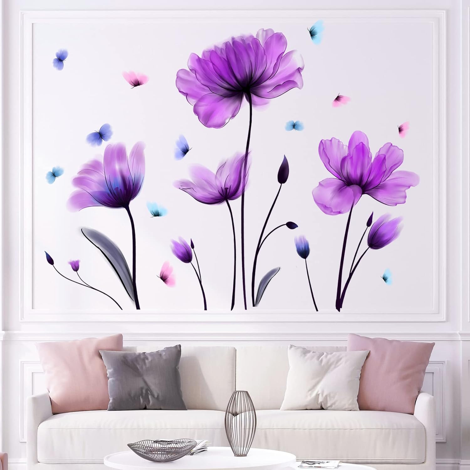 Purple Floral Wall Sticker Removable Butterfly Wall Decal for Nursery Bedroom Kids Room