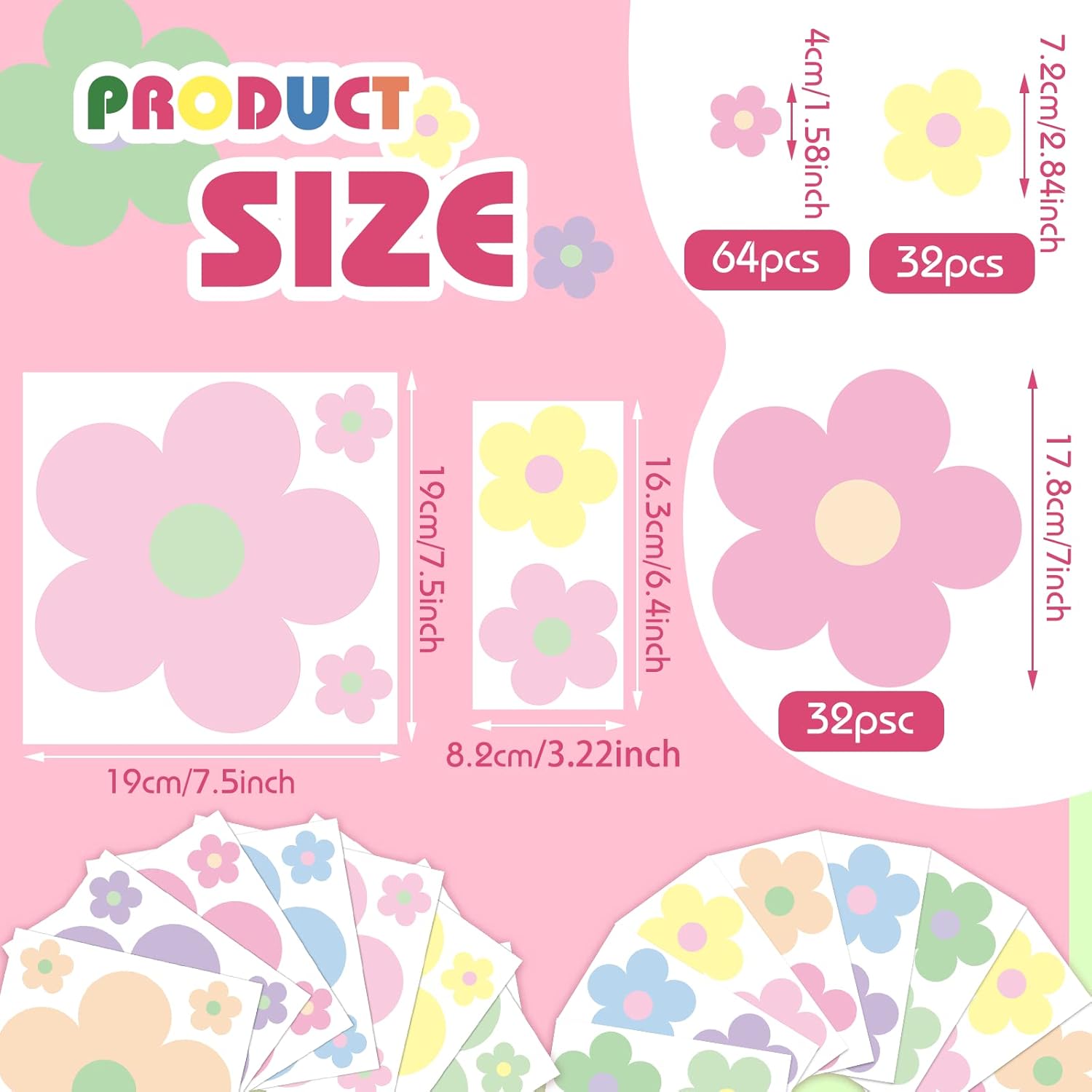 Hotop 128 Pcs Danish Pastel Flower Wall Sticker Decal