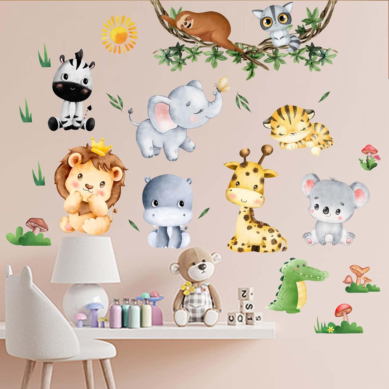Jungle Baby Animals Wall Stickers - Elephant Lion Tiger Giraffe Room Decor
