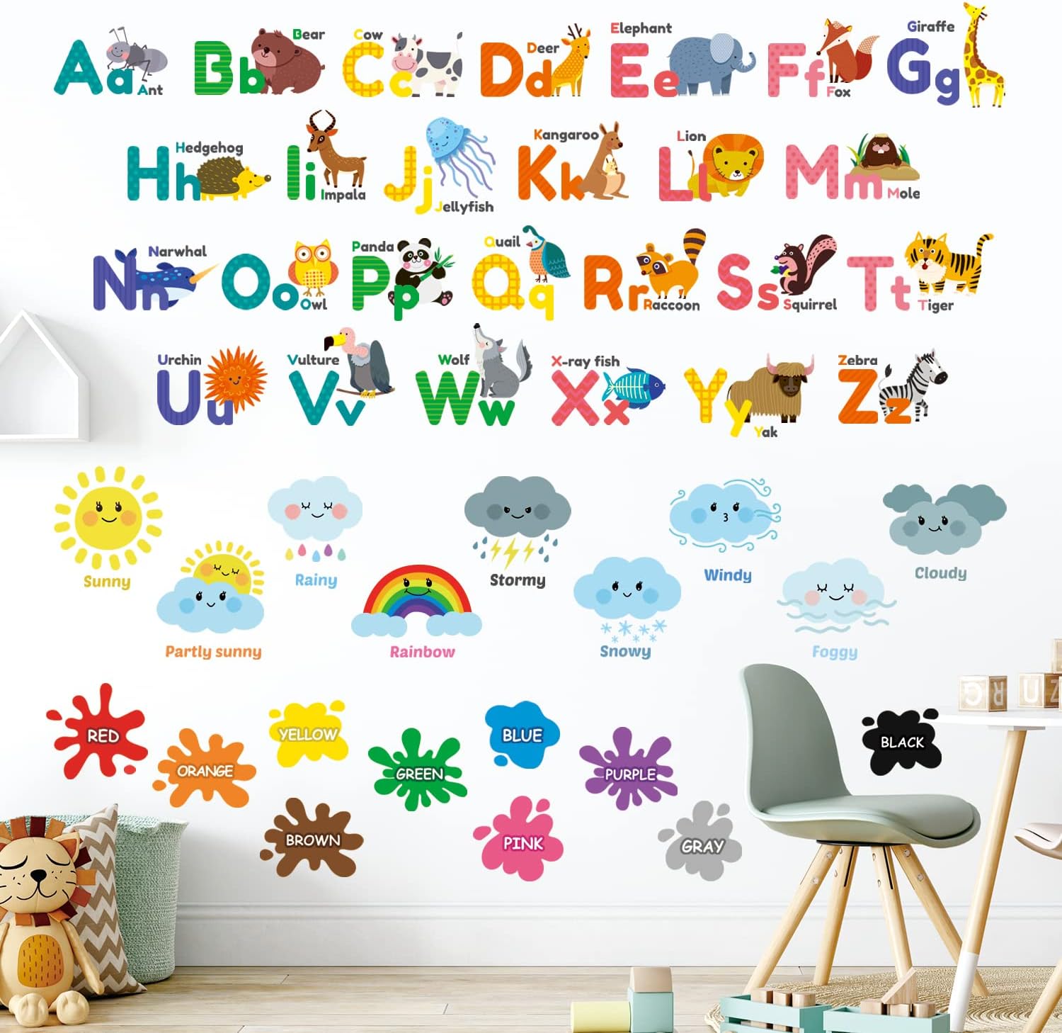 DECOWALL Animal Alphabet Numbers Wall Stickers for Kids Playroom Bedroom Nursery