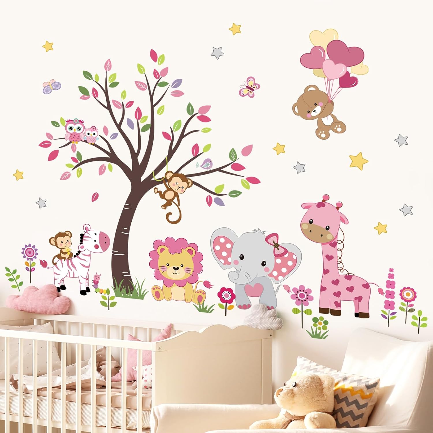 Pink Animal Tree Wall Decals for Girls Bedroom and Nursery