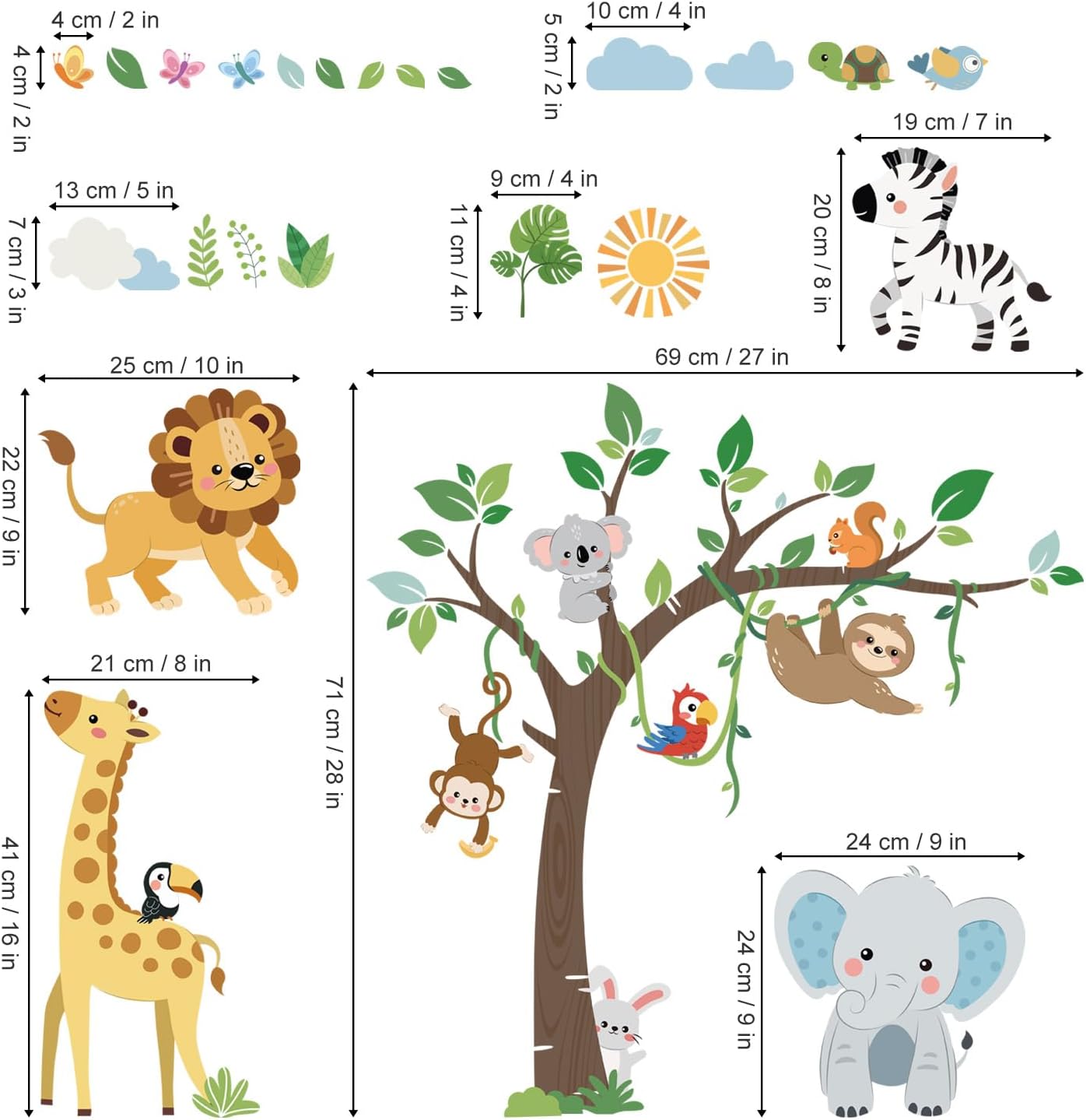 Jungle Animals Tree Wall Decals for Kids Room Decor