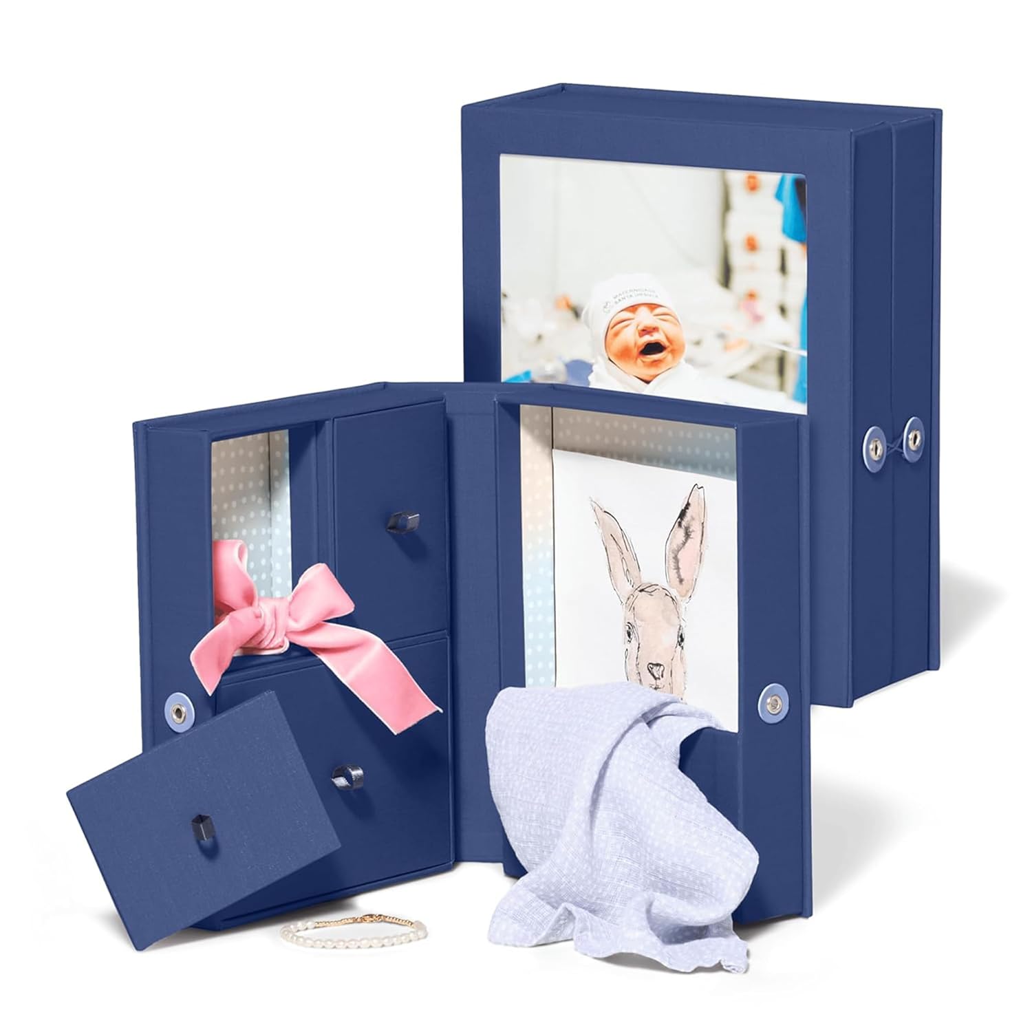 Blue Linen Keepsake Box with Coral Interior