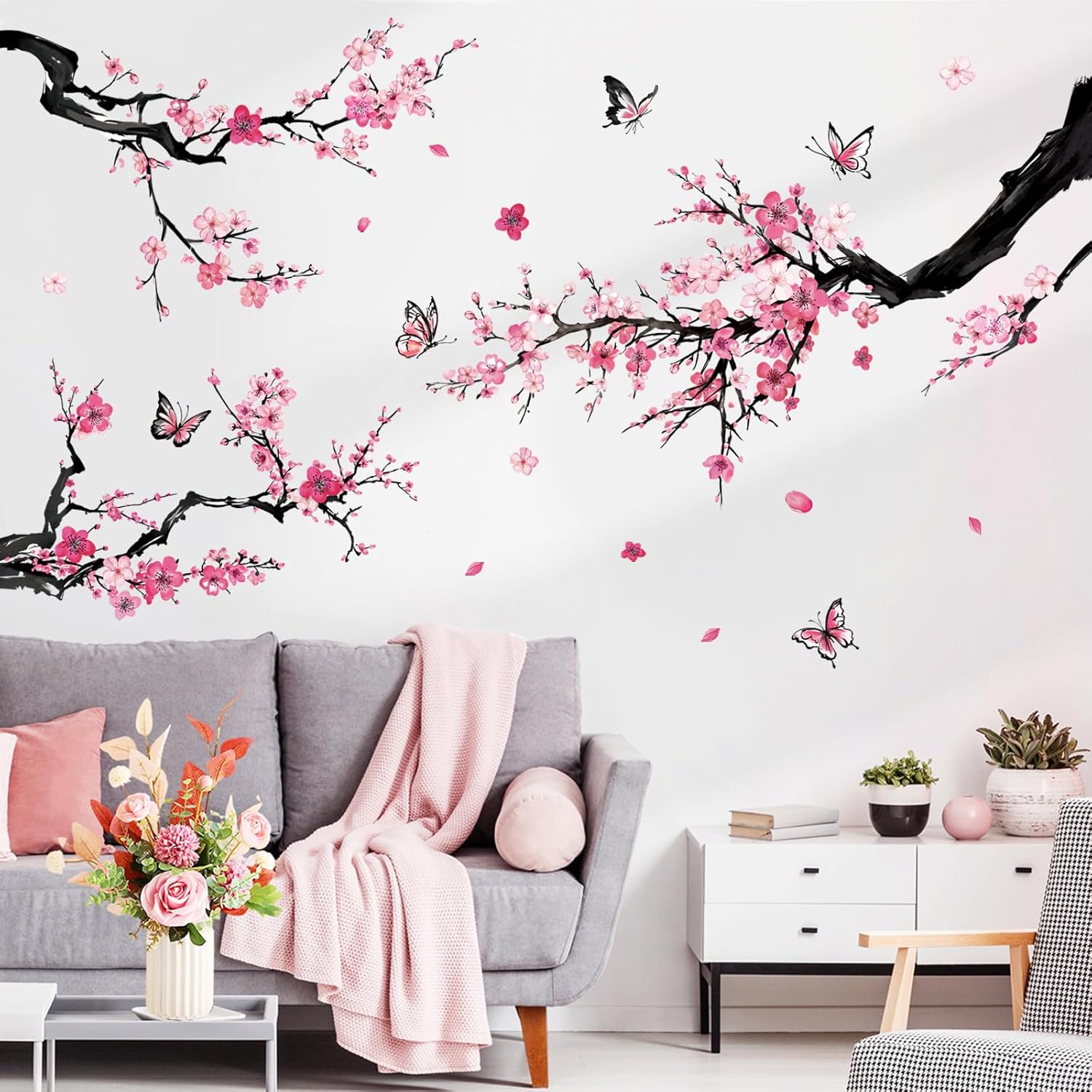 Pink Butterflies and Botanical Plum Blossom Wall Stickers