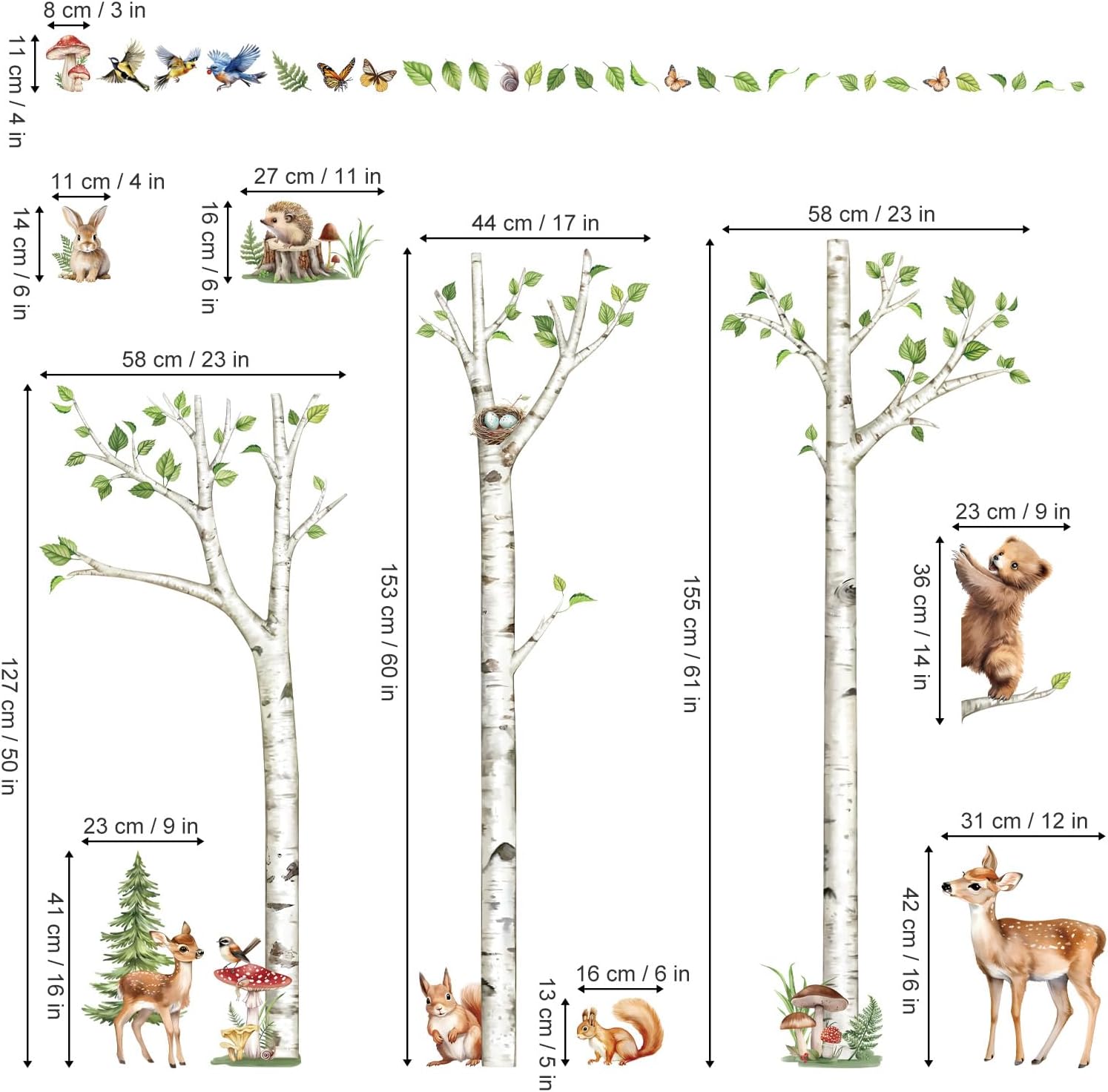 Decalmile Large White Birch Tree Wall Decals with Forest Animals