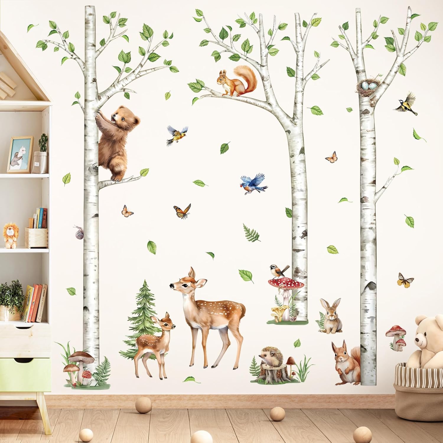 Decalmile Large White Birch Tree Wall Decals with Forest Animals