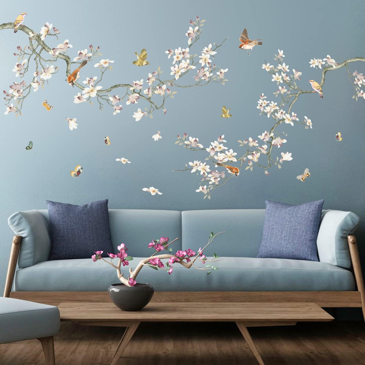 3D Curved Tree Branches with Colorful Flying Birds Wall Decals