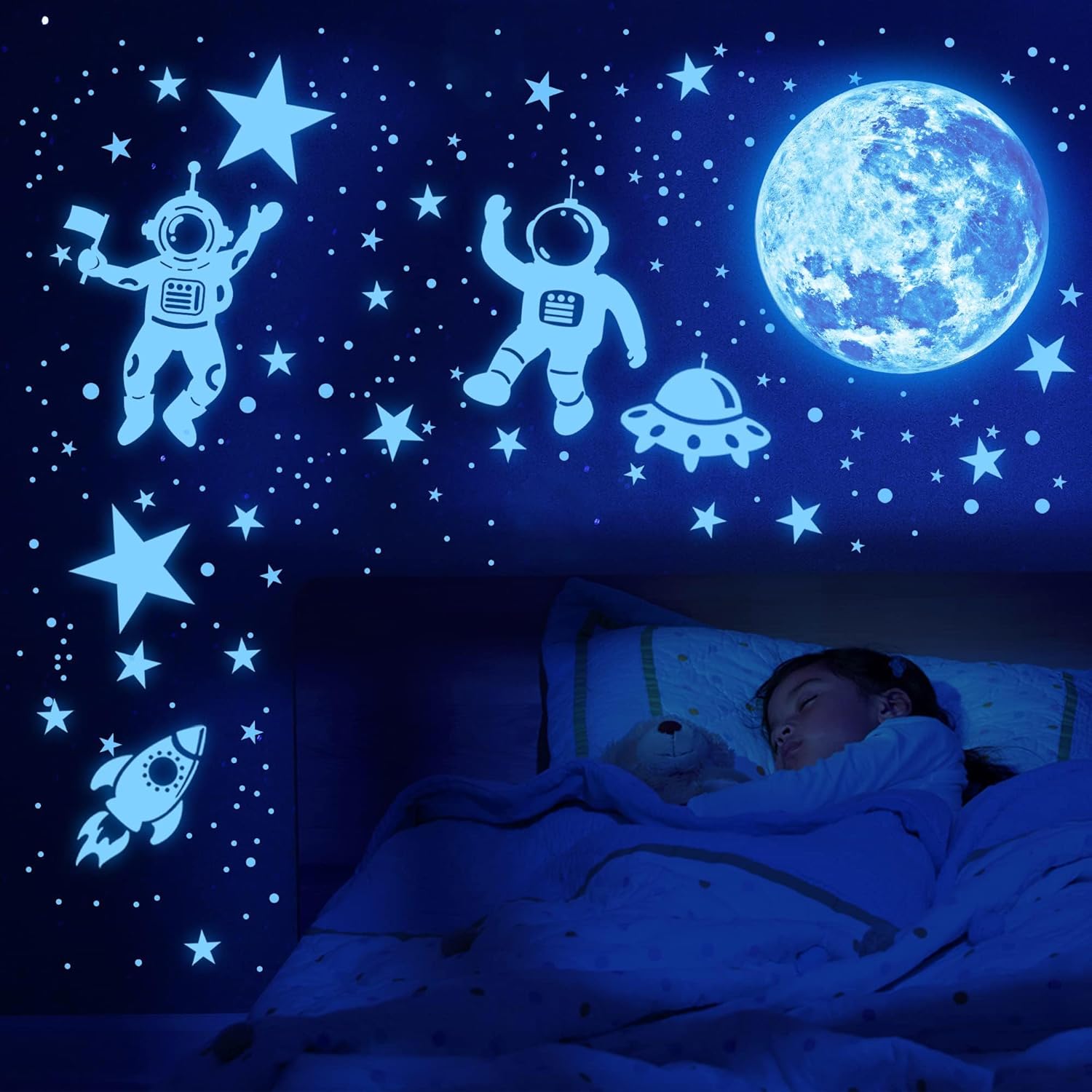 Glow in The Dark Stars Ceiling Moon Planet Wall Sticker for Kids Bedroom Blue