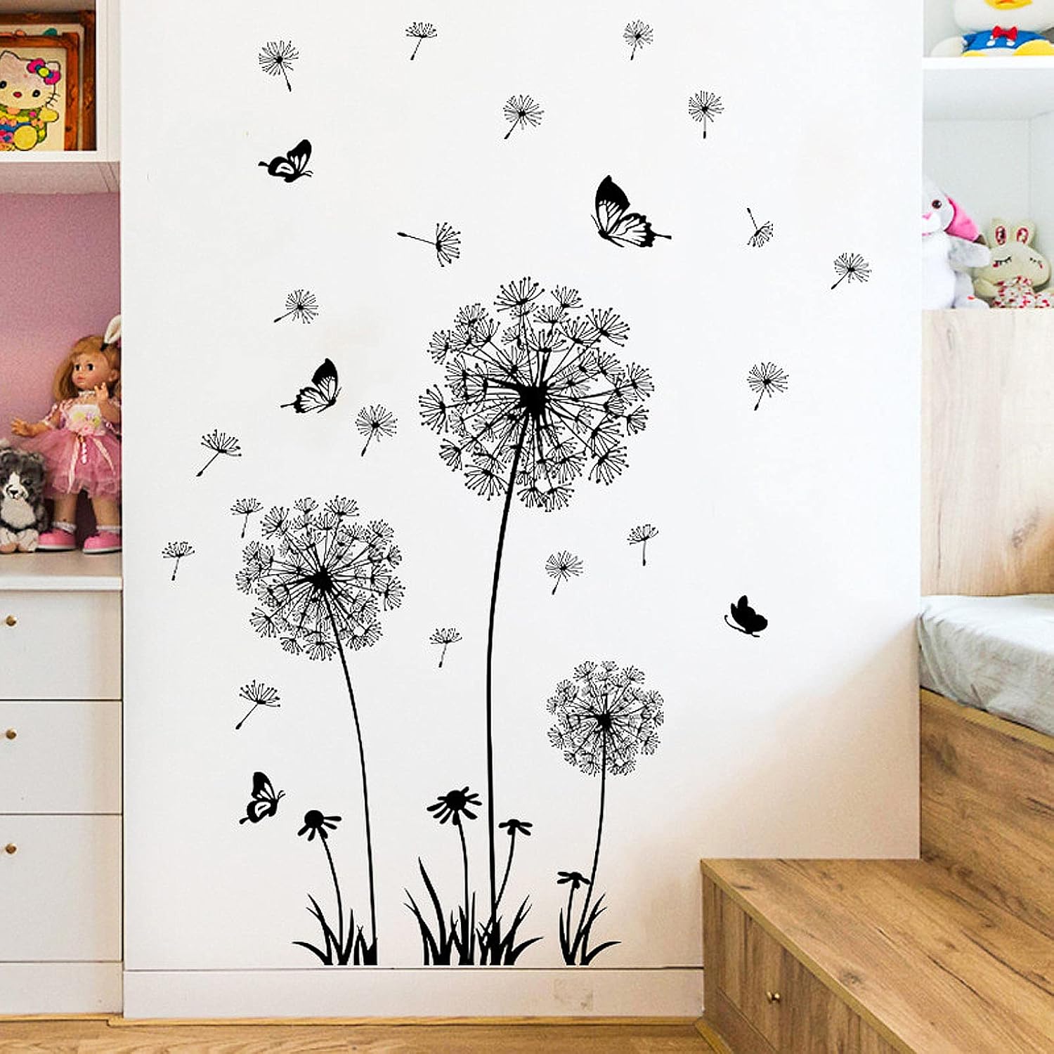 Black and White Dandelion Butterfly Wall Stickers