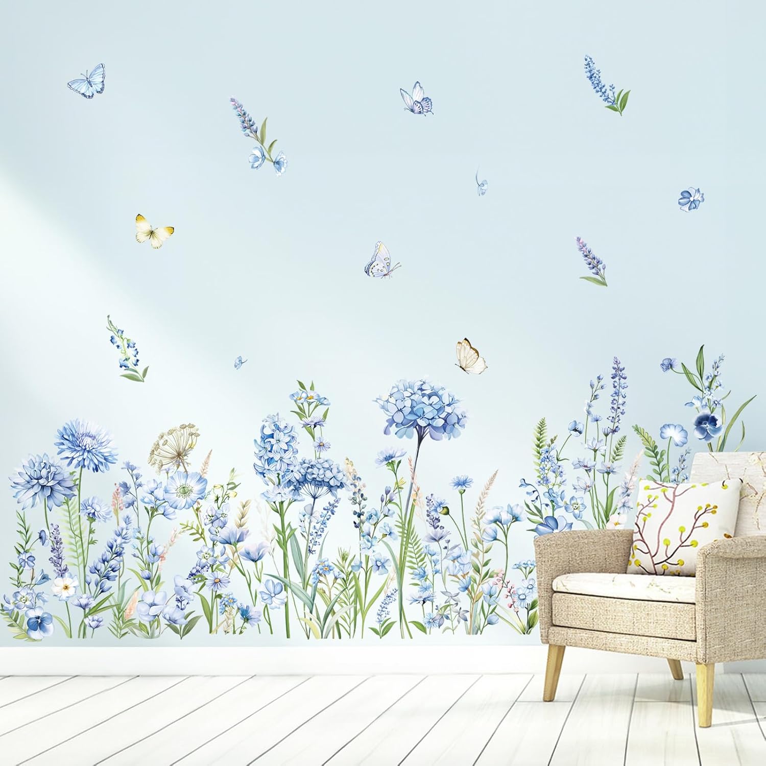 Decalmile Wildflower Wall Stickers Blue Floral Garden Decor