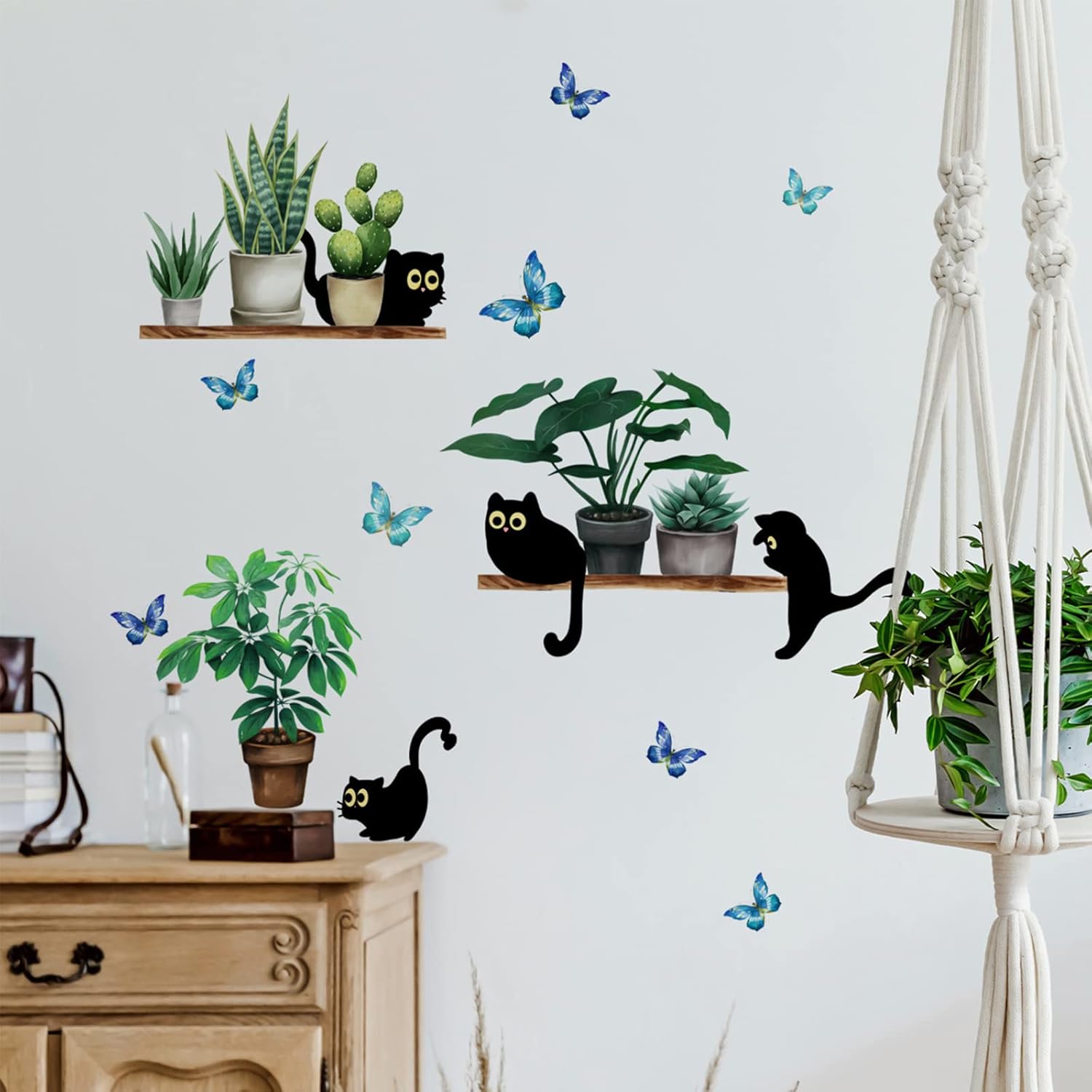 Black Cats Potted Plant Wall Decals Bonsai Stickers