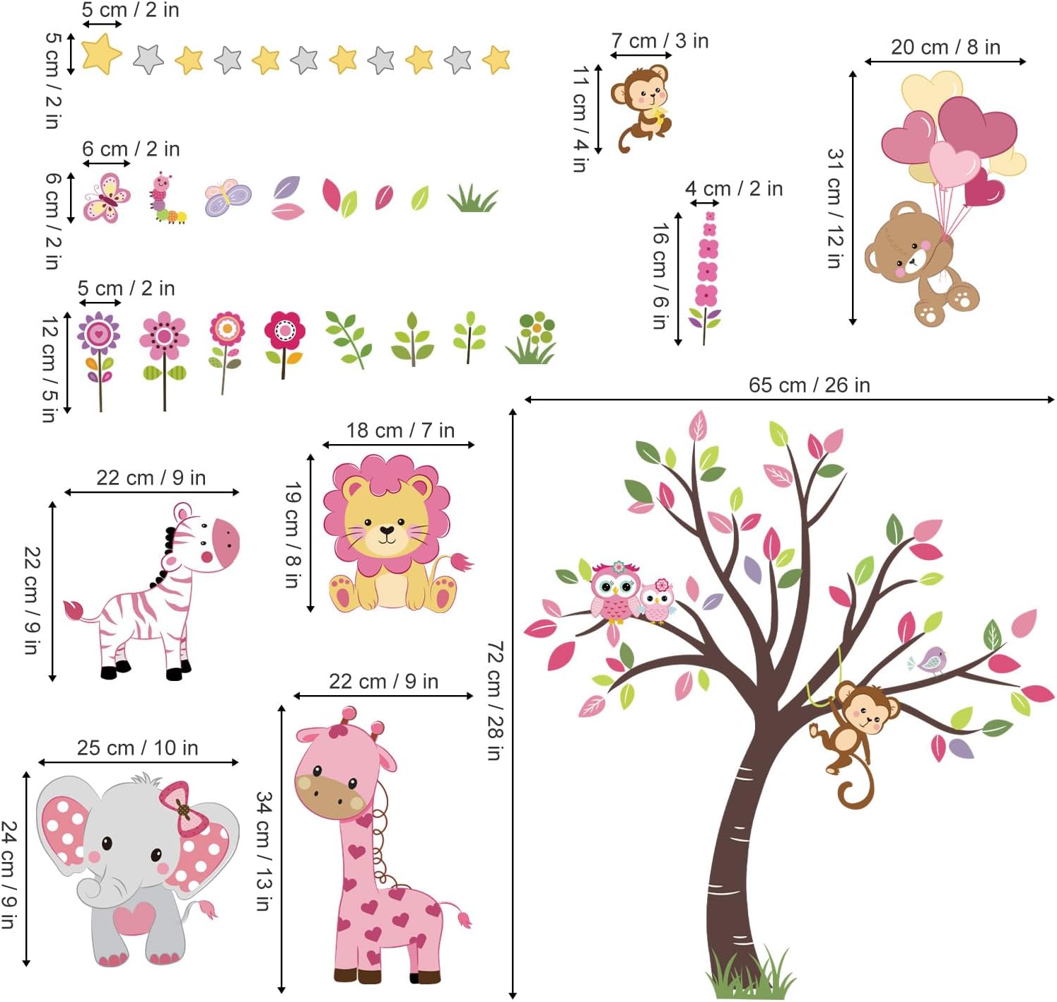 Pink Animal Tree Wall Decals for Girls Bedroom and Nursery