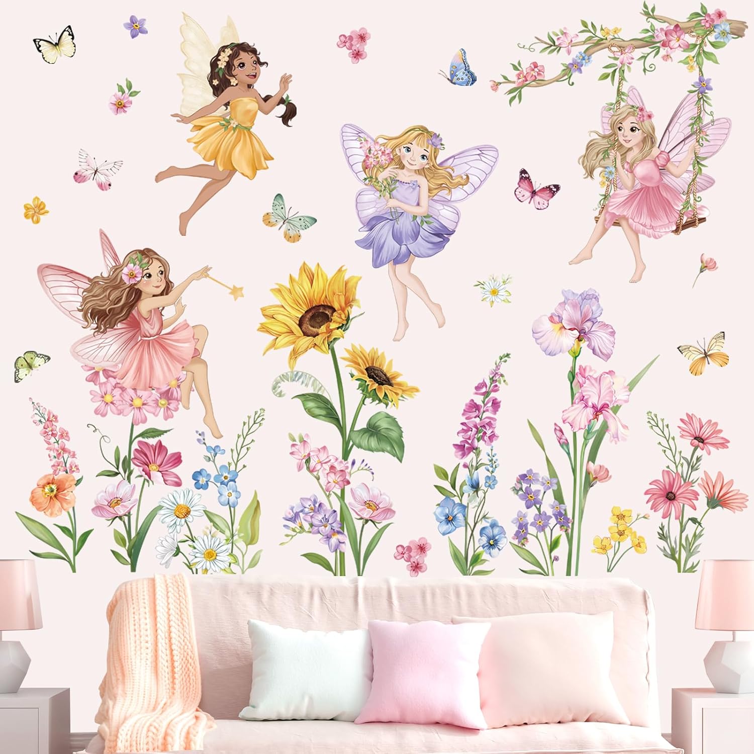 Wondever Fairy Flower Wall Stickers for Girls Bedroom Kids Room Baby Nursery
