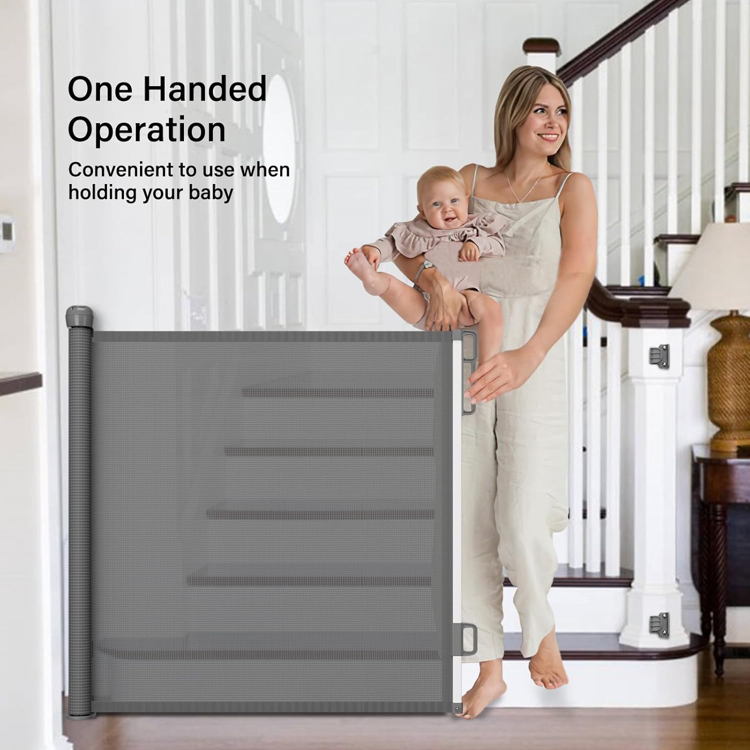 Retractable Baby Gate for Doorways and Stairs Grey