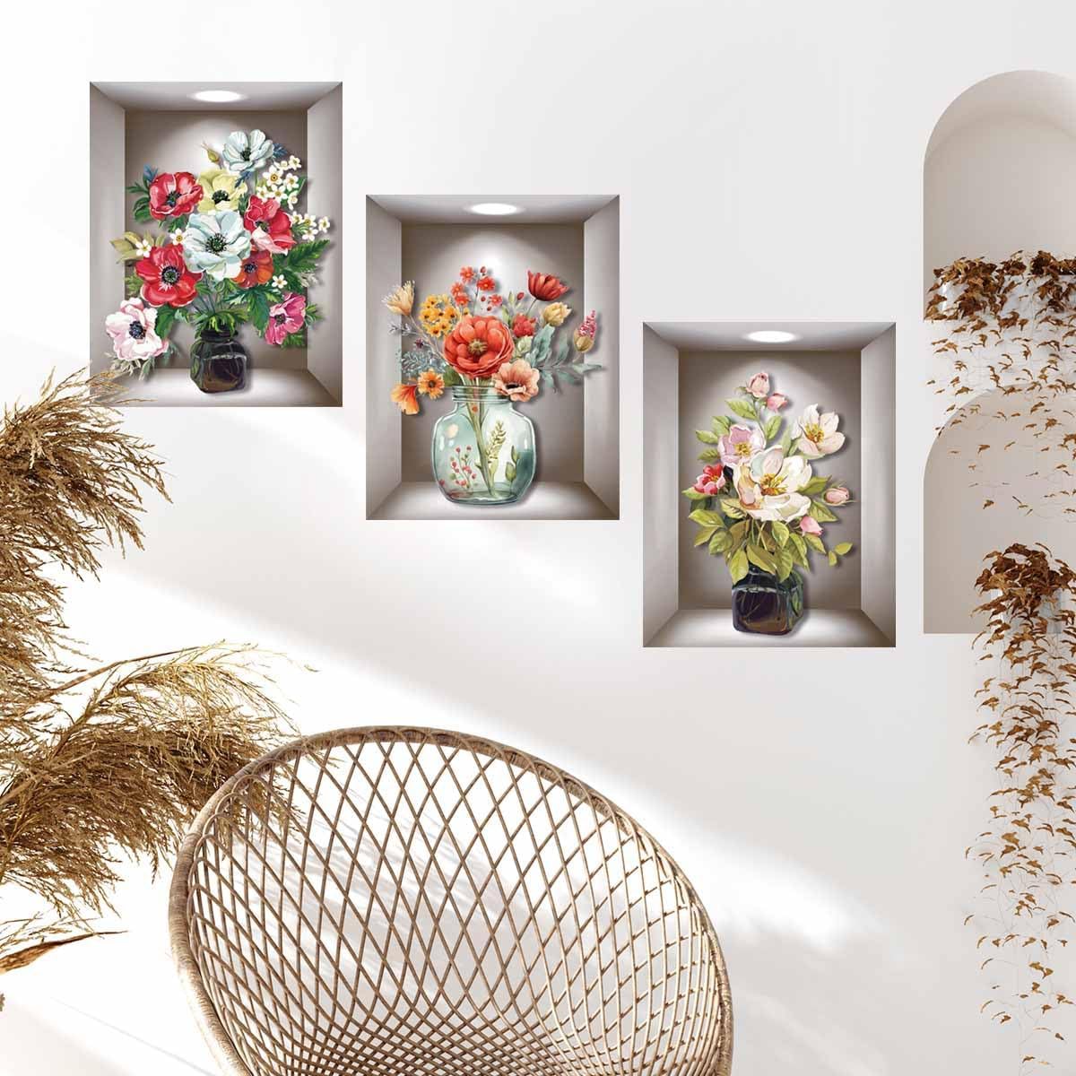 Supzone 3D Vase Wall Stickers - 3 Pcs Vintage Flower Decor