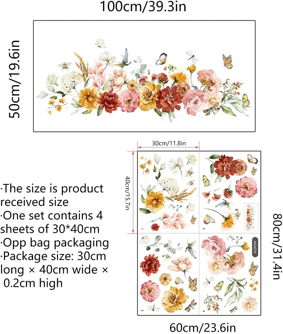 Runtoo Peony Flower Wall Stickers for Bedroom and Nursery Decor