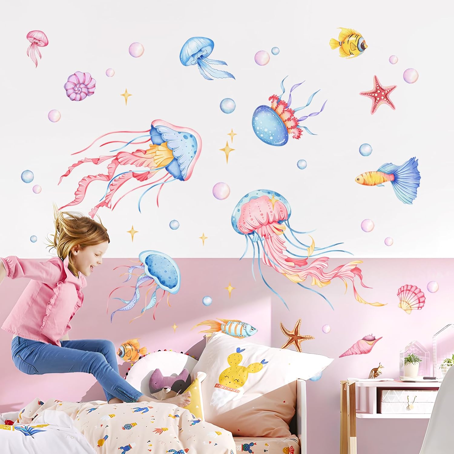 Decvictor Watercolor Jellyfish Wall Decals for Nursery Room Decor