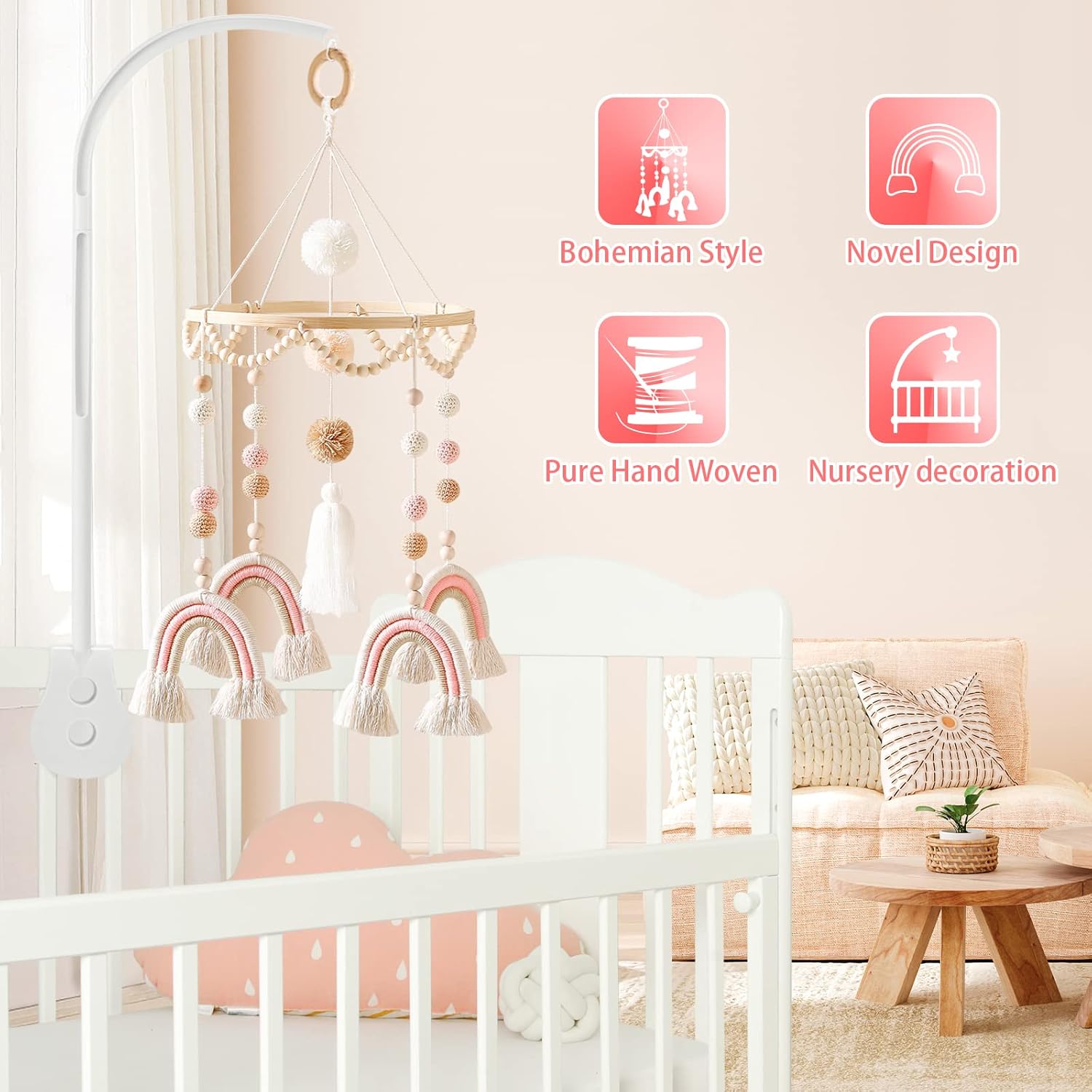 Abnilxt Boho Rainbow Crib Mobile for Newborns