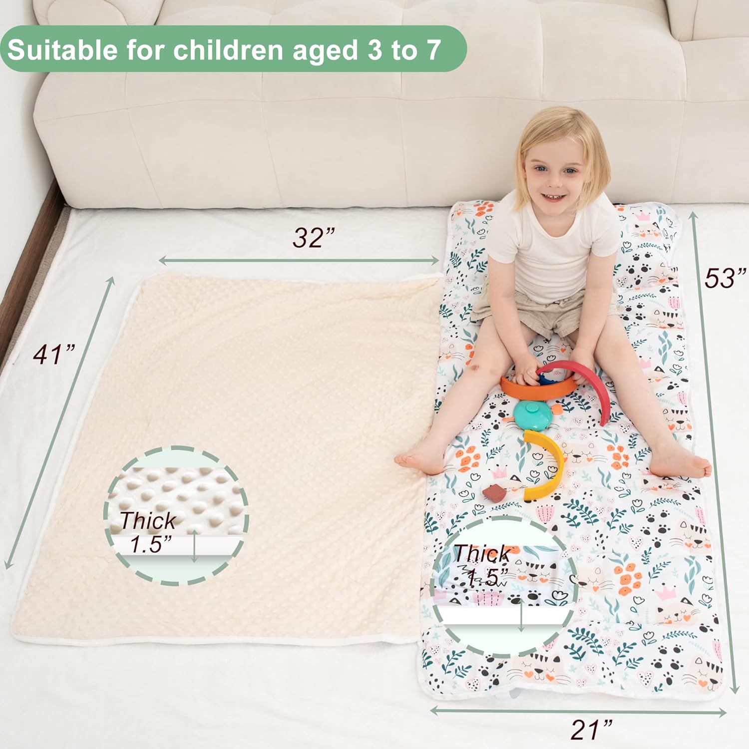 Viviland Toddler Nap Mat with Pillow and Blanket - Cute Cat Design