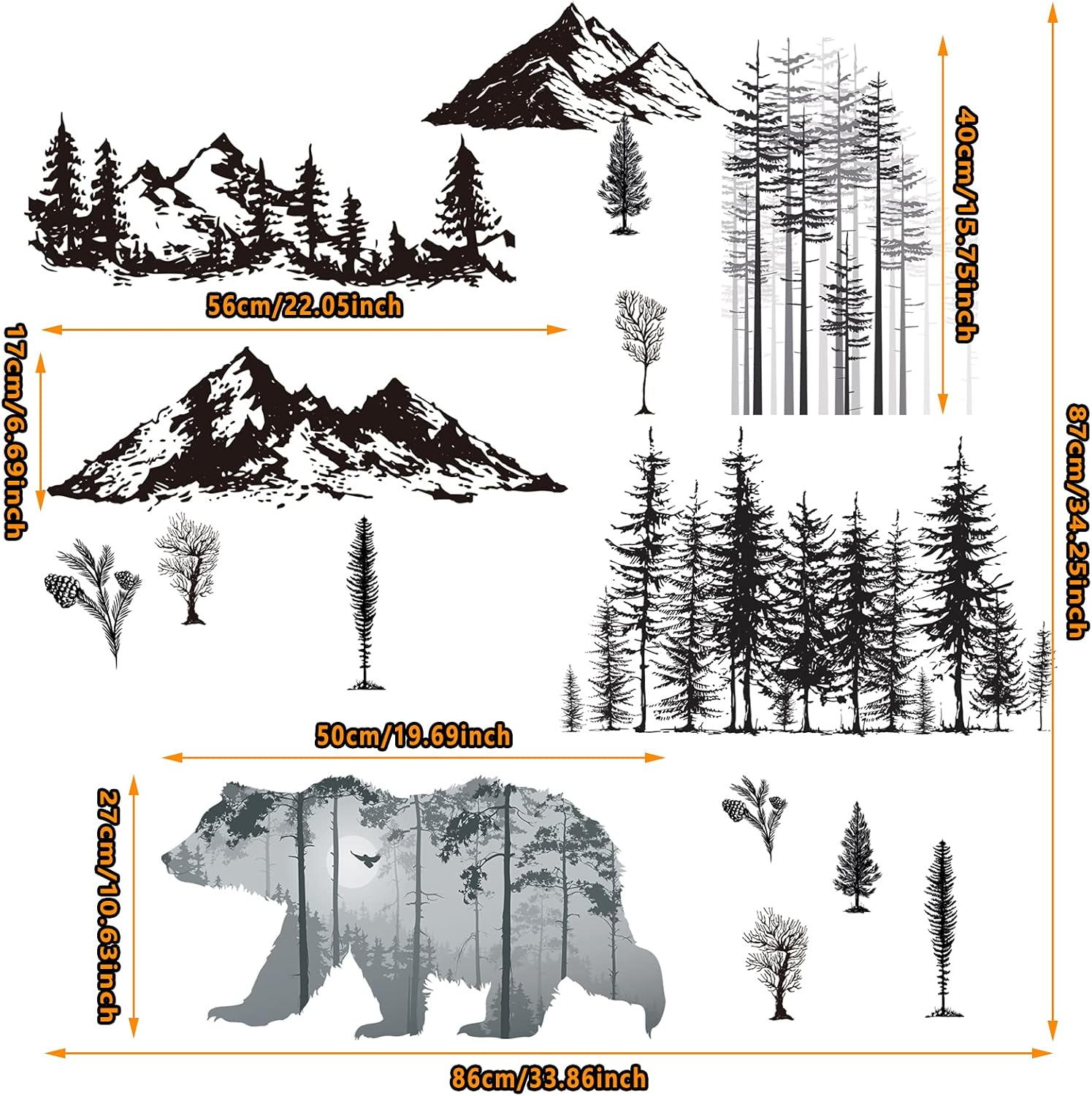 Outus 3 Sheets Forest Bear Wall Decals for Kids Room Decor