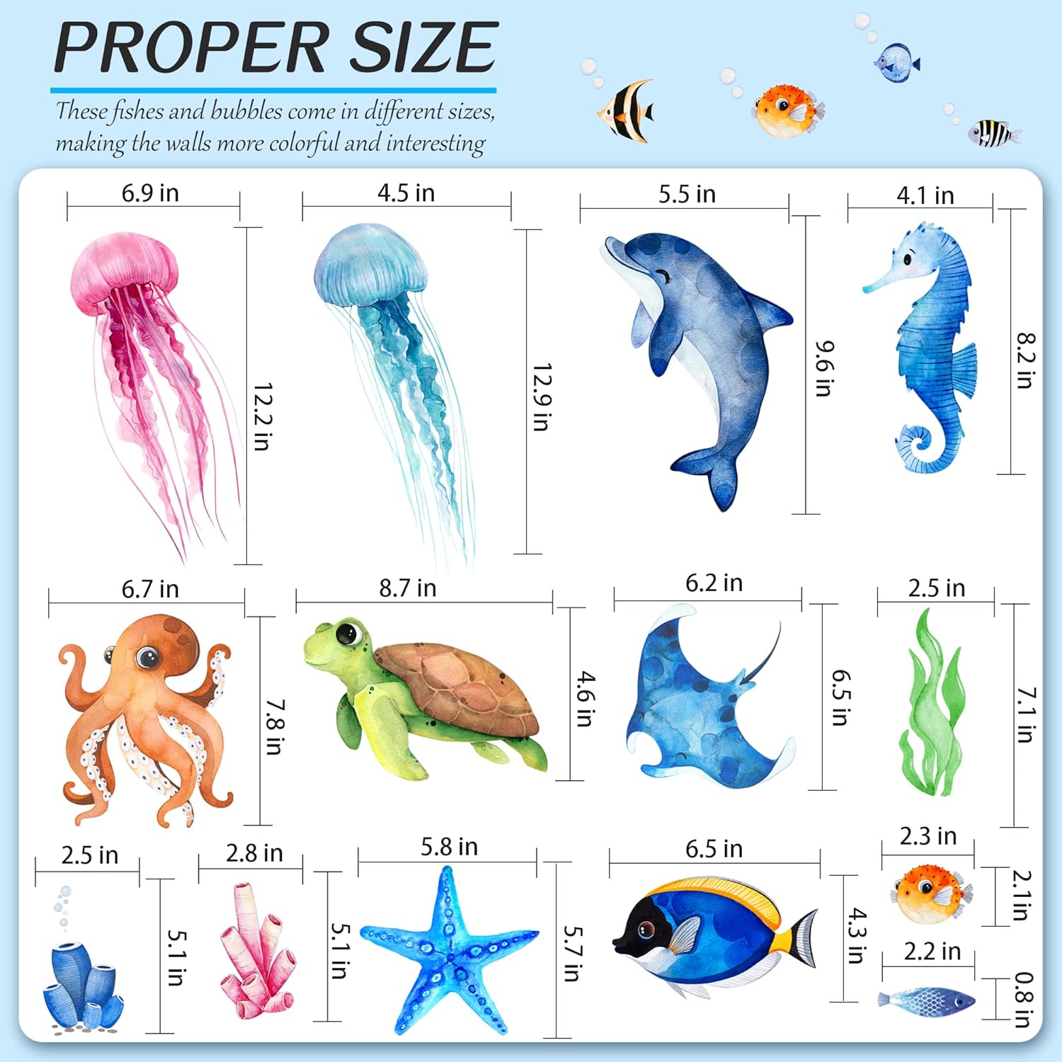 4 Sheets Ocean Fish Wall Decals Stickers for Kids Nursery Decor