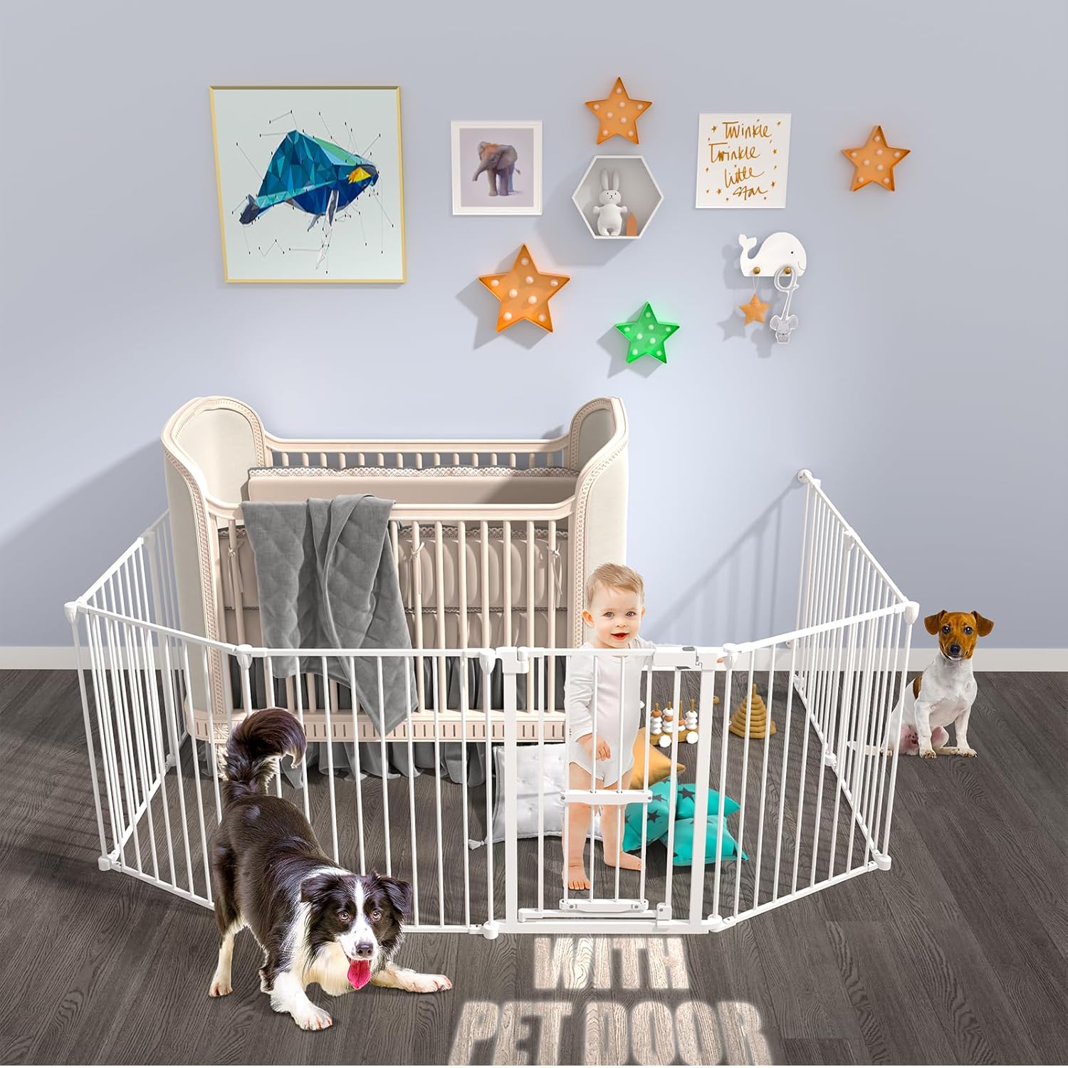 198 Inch Extra Wide Baby Gate with Cat Door Auto Close White