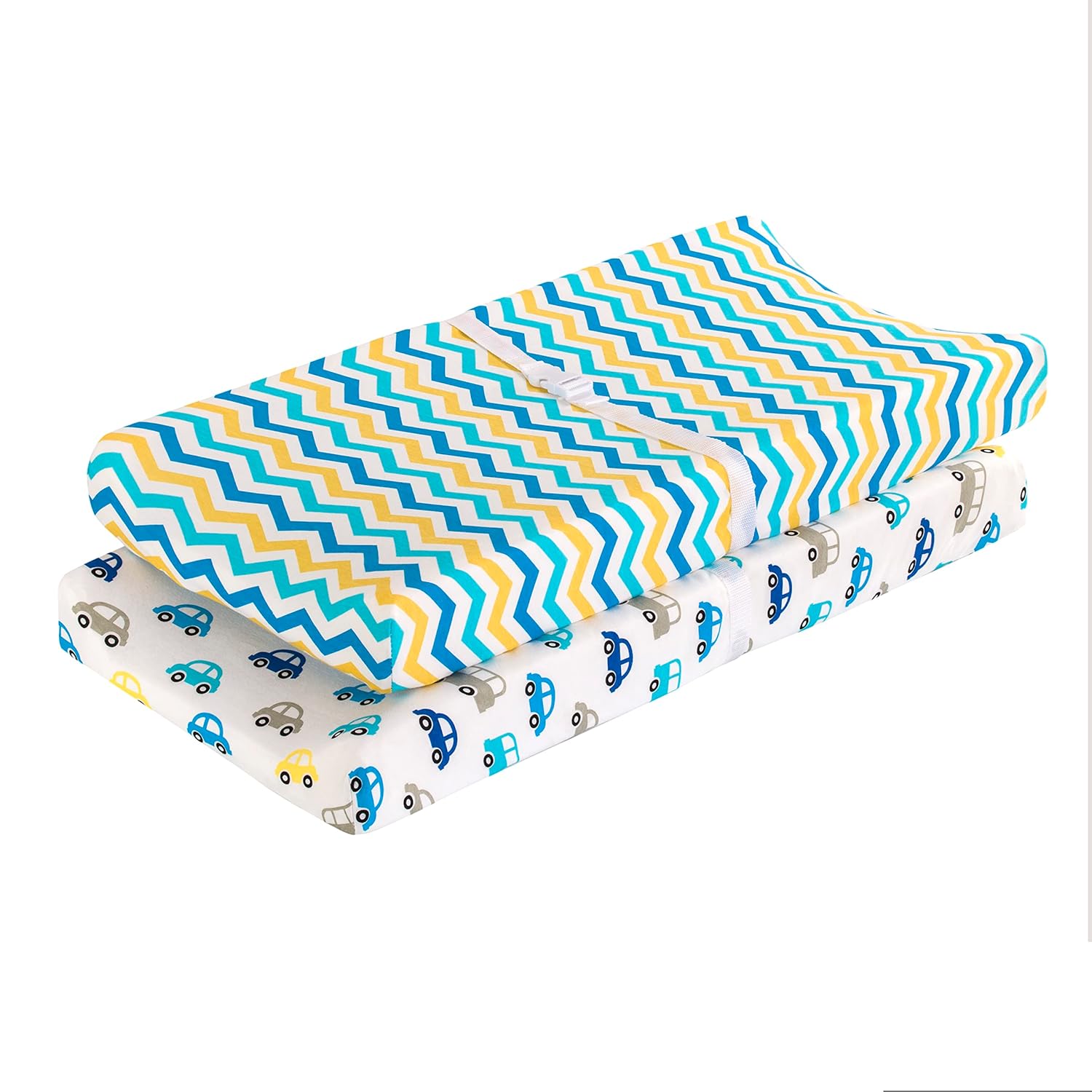 Everyday Kids 2 Pack Baby Changing Pad Covers for Boy - Yellow and Blue Cars Chevron Pattern