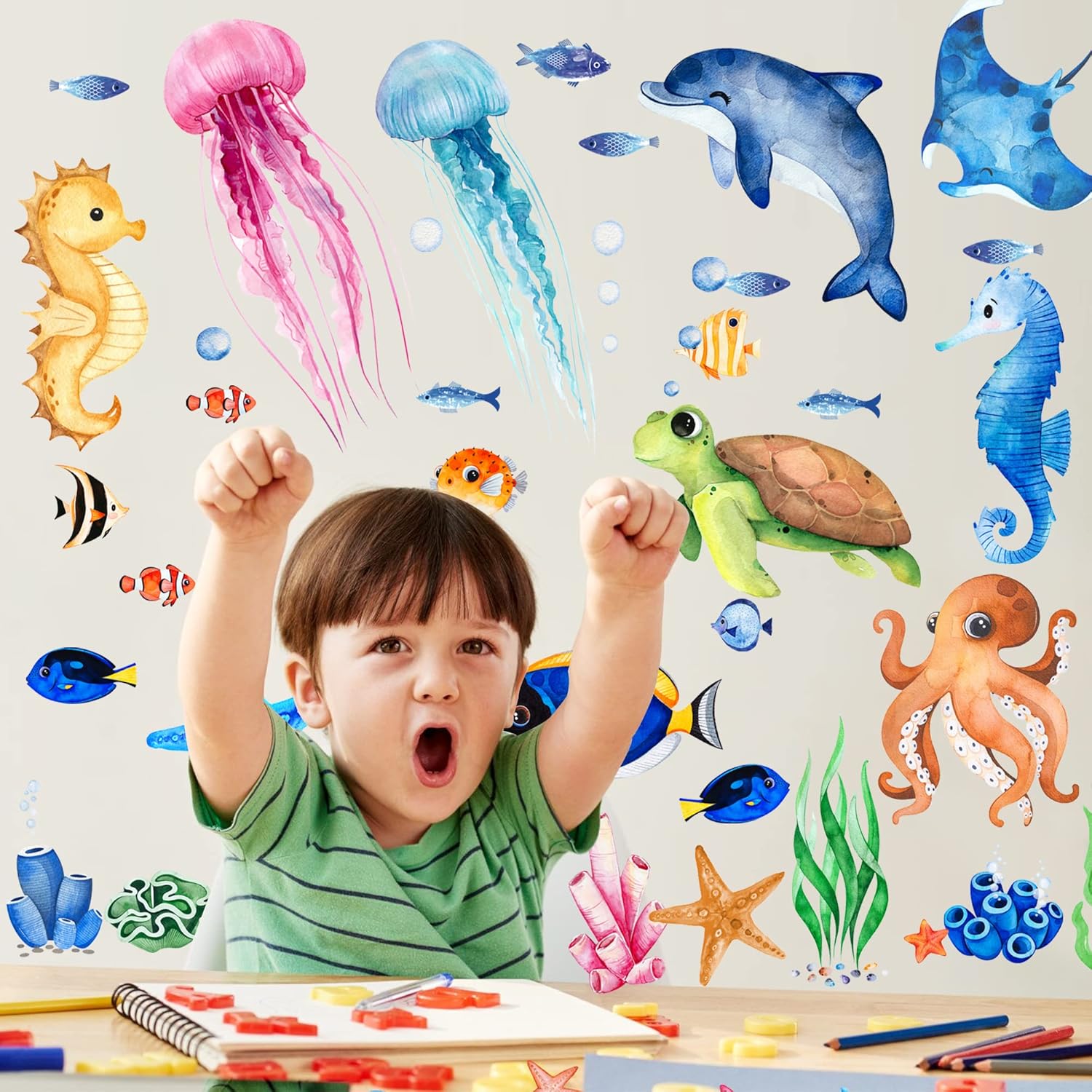 4 Sheets Ocean Fish Wall Decals Stickers for Kids Nursery Decor