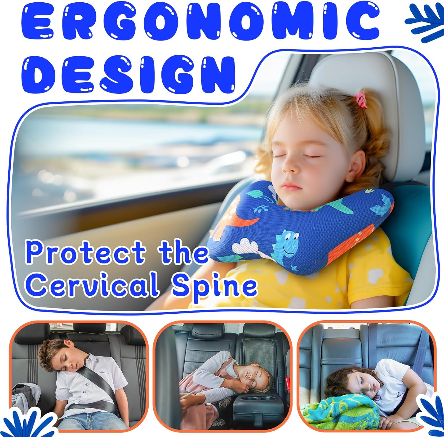 Viscogrip H-Shape Car Pillow for Kids Blue Dinosaur