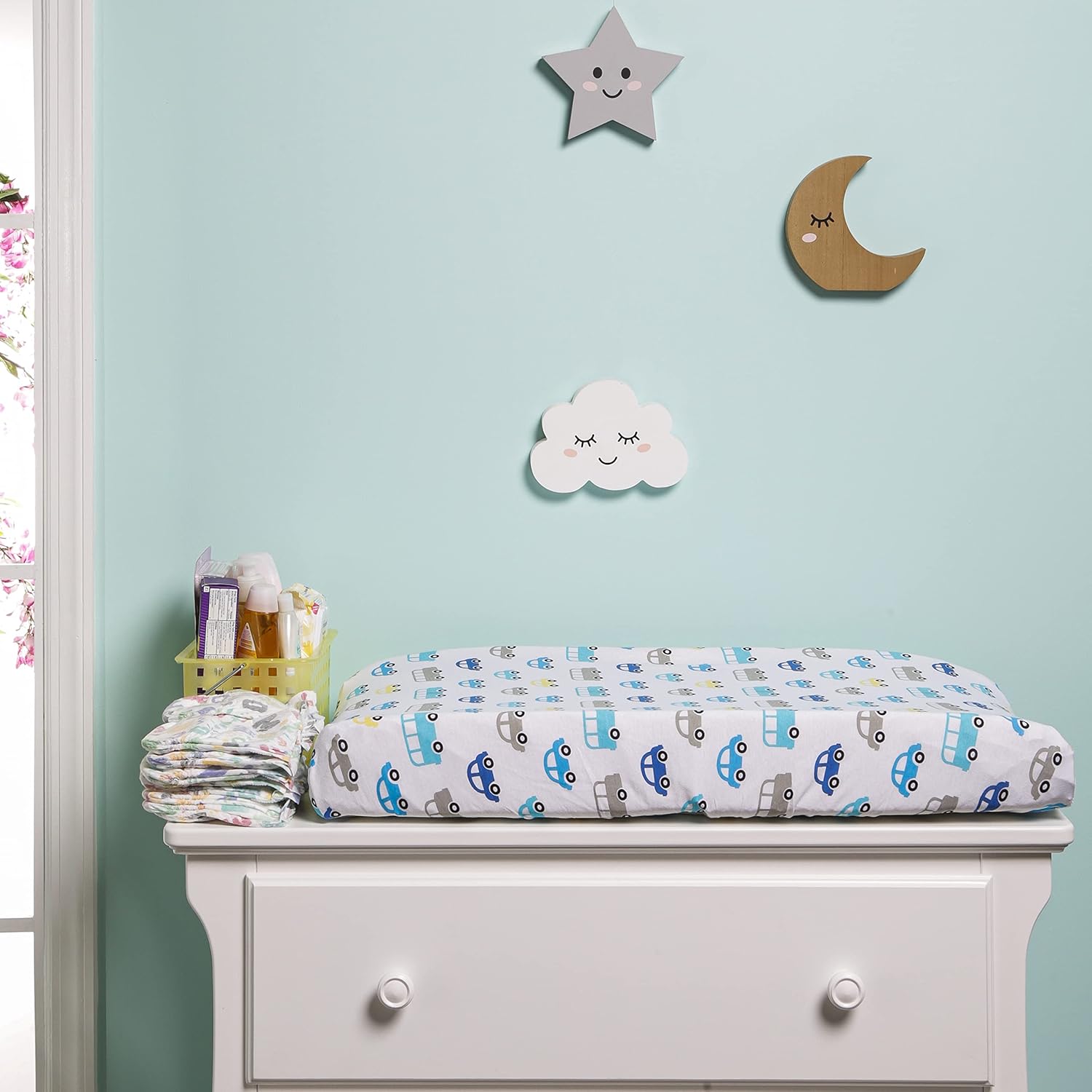 Everyday Kids 2 Pack Baby Changing Pad Covers for Boy - Yellow and Blue Cars Chevron Pattern