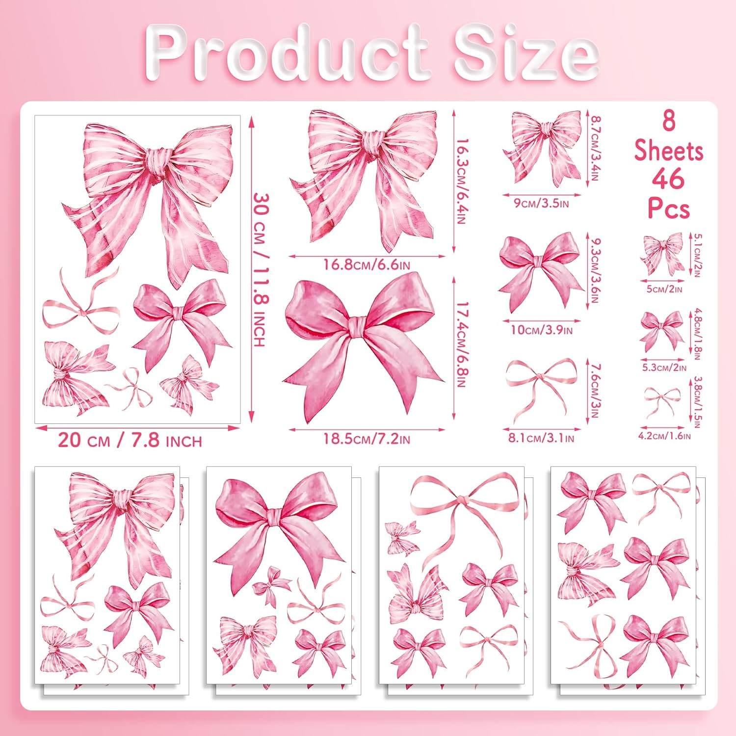 Pink Bow Wall Stickers 8 Sheets 46 Pcs Decor for Nursery and Girls Room